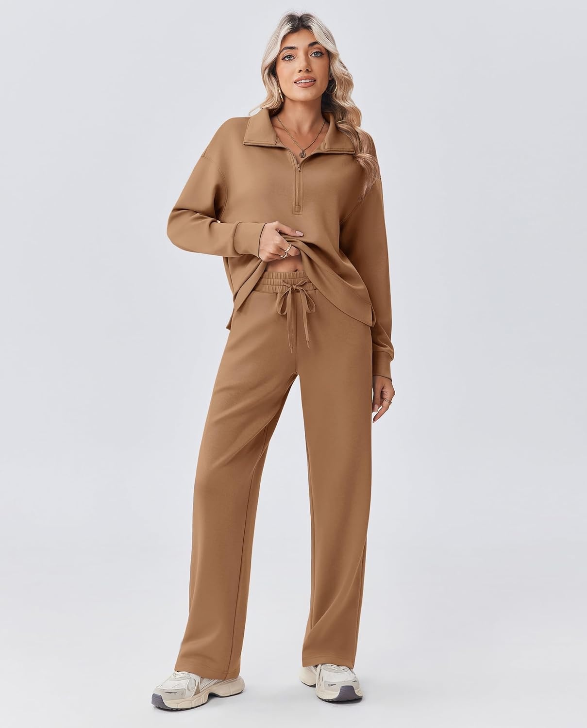 image:imagePINSPARK 2 Piece Sets for Women 12 Zip Sweatsuit Loose Fit Sweatshirt Straight Leg Pants 2025 Matching Outfit Fall TracksuitKhaki