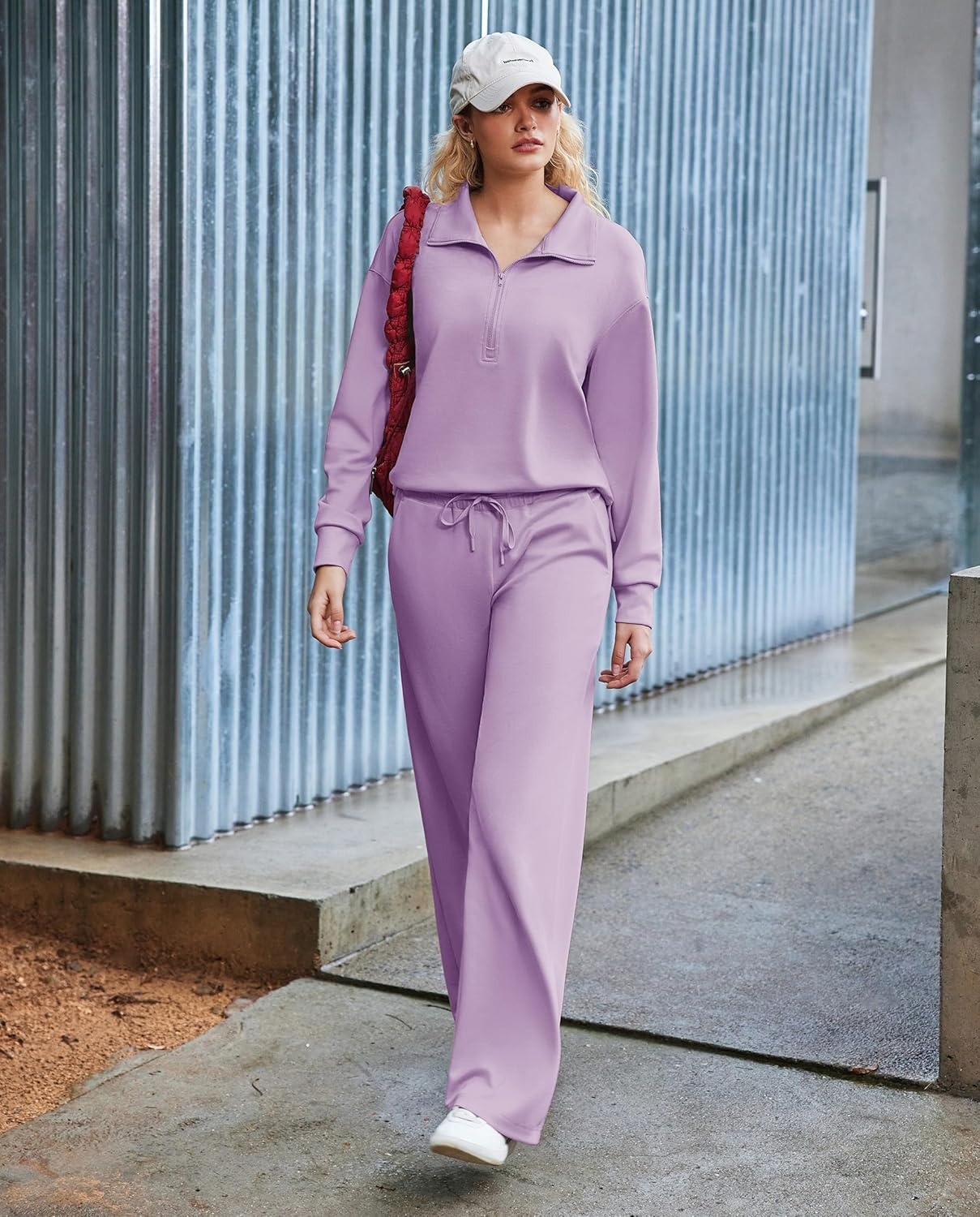 image:imagePINSPARK 2 Piece Sets for Women 12 Zip Sweatsuit Loose Fit Sweatshirt Straight Leg Pants 2025 Matching Outfit Fall TracksuitLavender