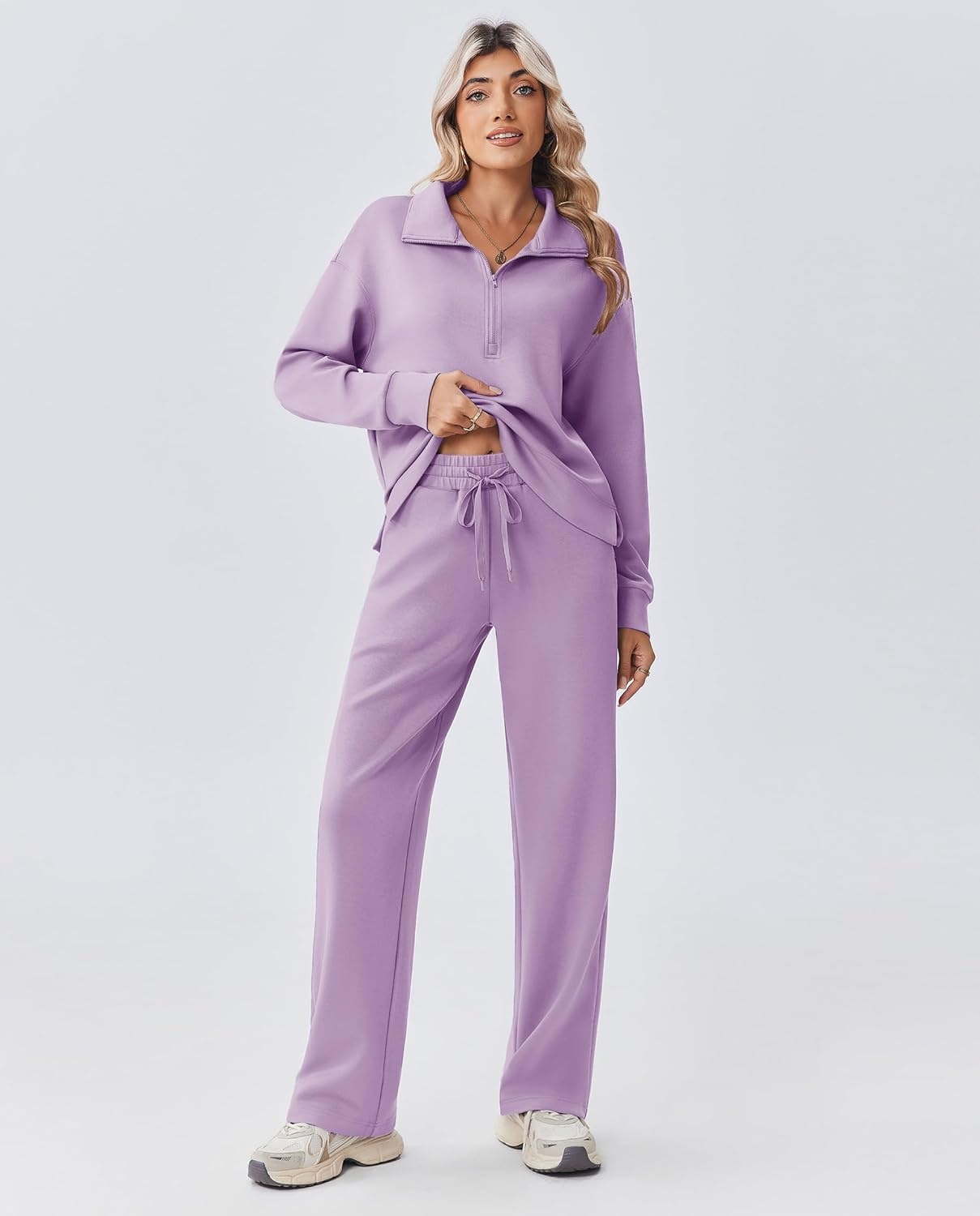 image:imagePINSPARK 2 Piece Sets for Women 12 Zip Sweatsuit Loose Fit Sweatshirt Straight Leg Pants 2025 Matching Outfit Fall TracksuitLavender