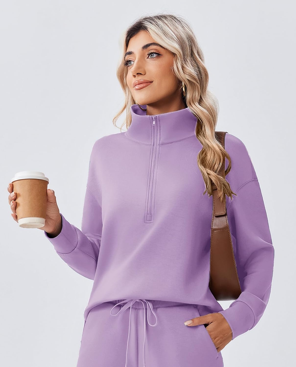 image:imagePINSPARK 2 Piece Sets for Women 12 Zip Sweatsuit Loose Fit Sweatshirt Straight Leg Pants 2025 Matching Outfit Fall TracksuitLavender