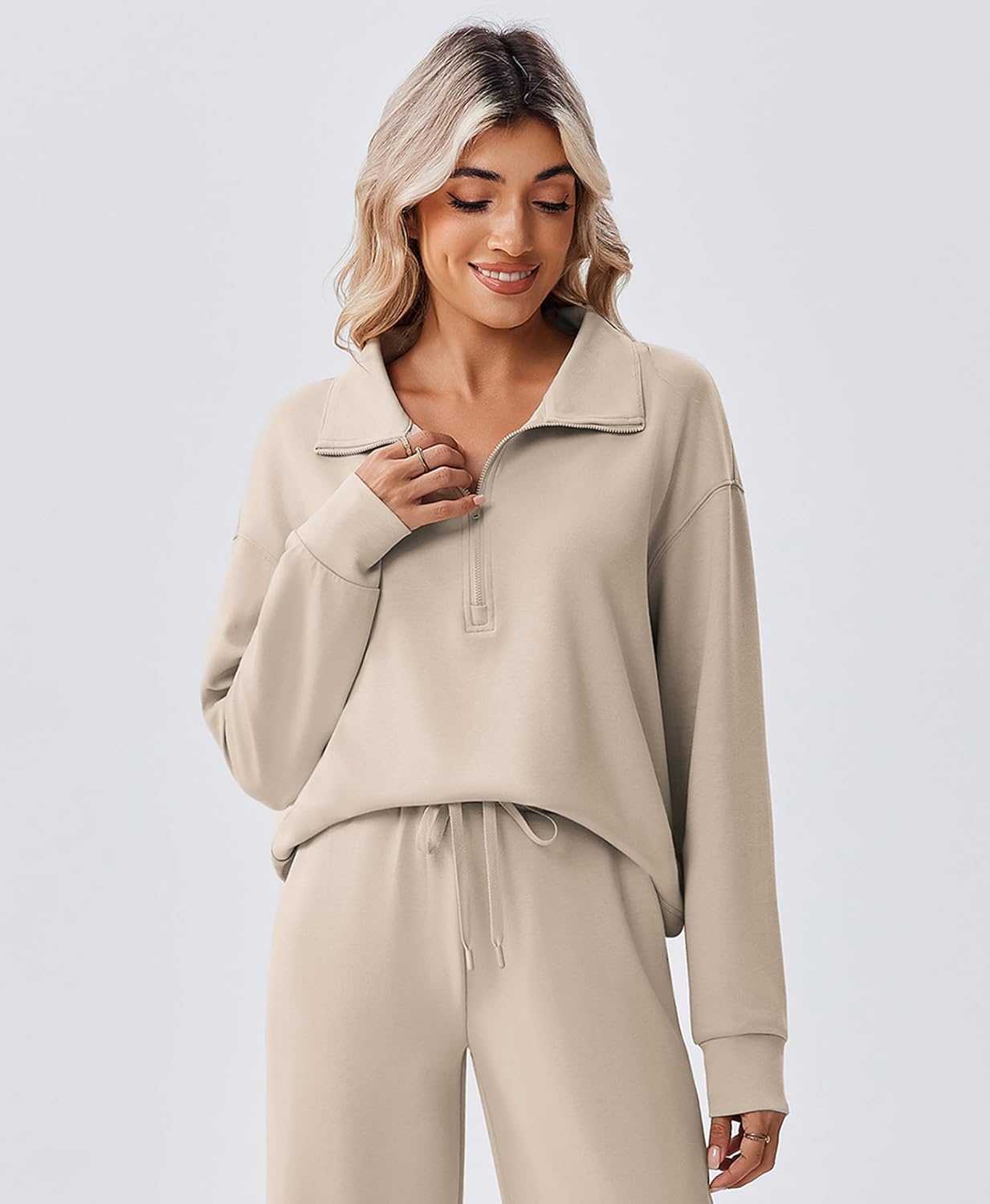 image:imagePINSPARK 2 Piece Sets for Women 12 Zip Sweatsuit Loose Fit Sweatshirt Straight Leg Pants 2025 Matching Outfit Fall TracksuitLight Khaki