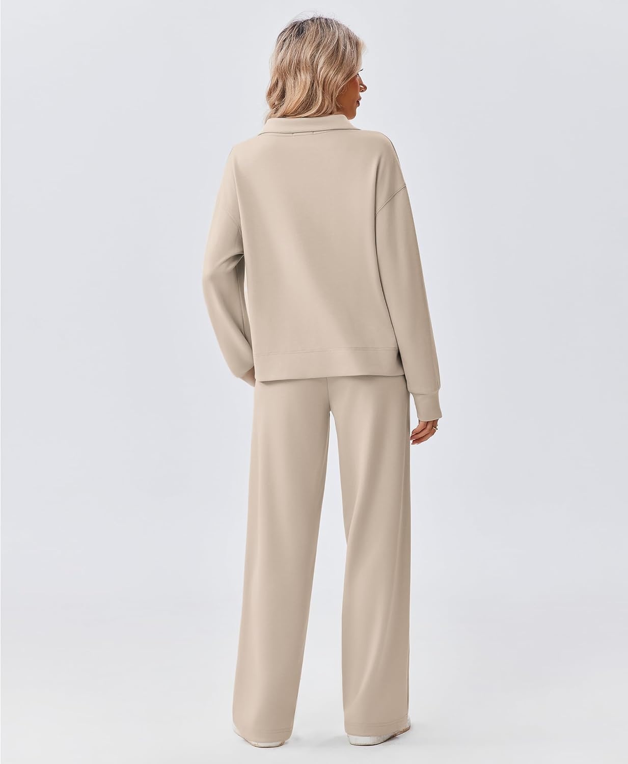 image:imagePINSPARK 2 Piece Sets for Women 12 Zip Sweatsuit Loose Fit Sweatshirt Straight Leg Pants 2025 Matching Outfit Fall TracksuitLight Khaki