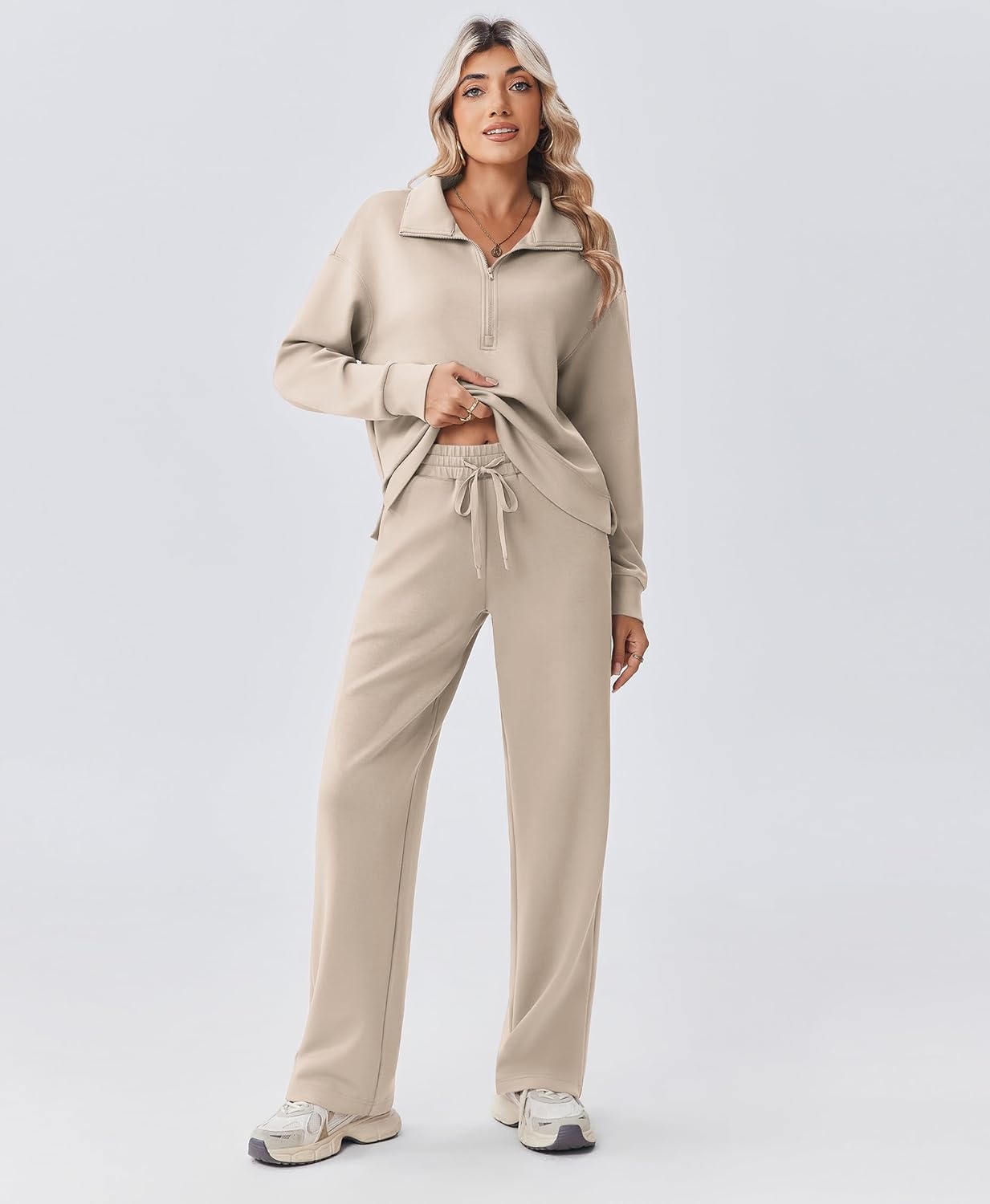 image:imagePINSPARK 2 Piece Sets for Women 12 Zip Sweatsuit Loose Fit Sweatshirt Straight Leg Pants 2025 Matching Outfit Fall TracksuitLight Khaki