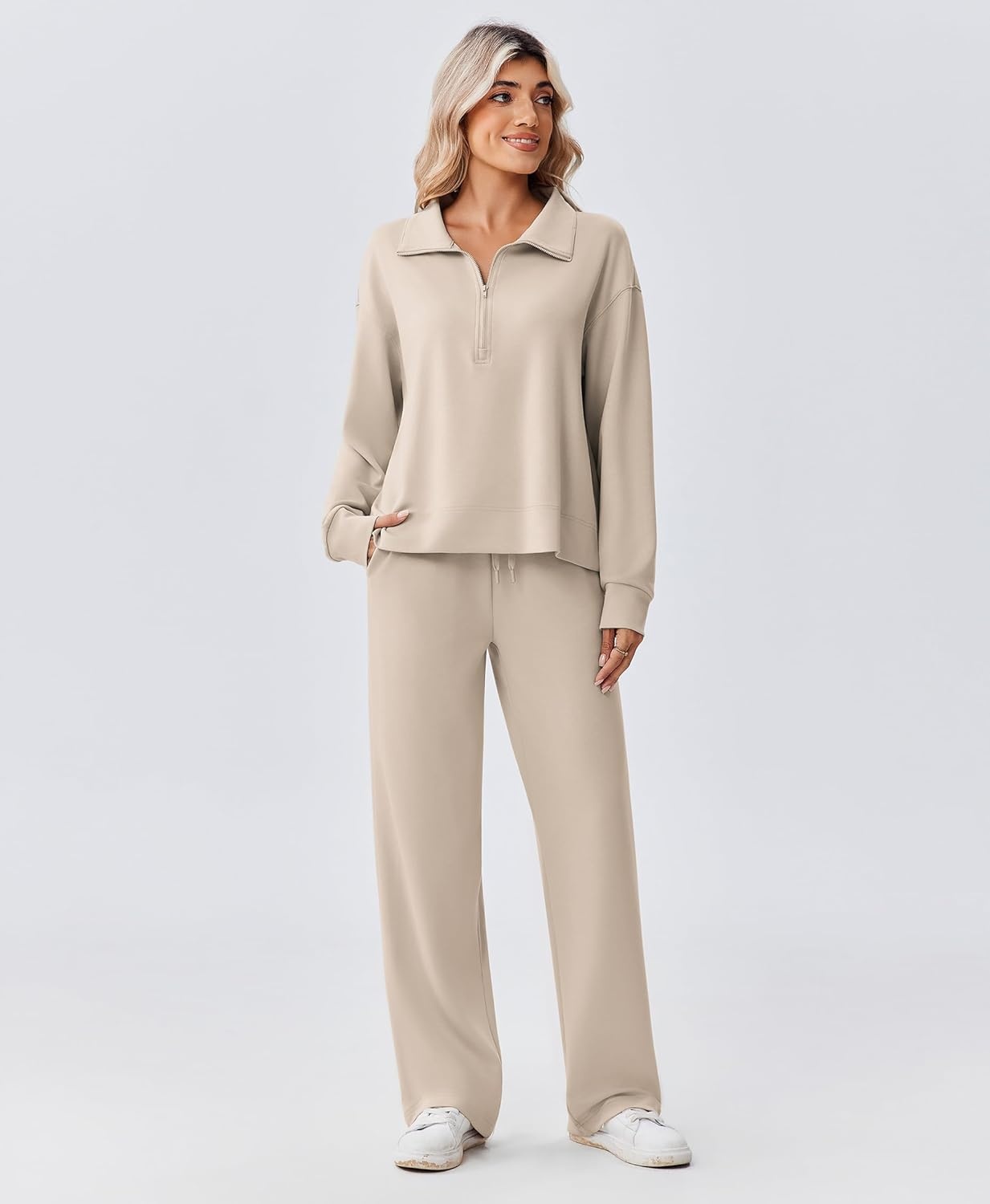 image:imagePINSPARK 2 Piece Sets for Women 12 Zip Sweatsuit Loose Fit Sweatshirt Straight Leg Pants 2025 Matching Outfit Fall TracksuitLight Khaki