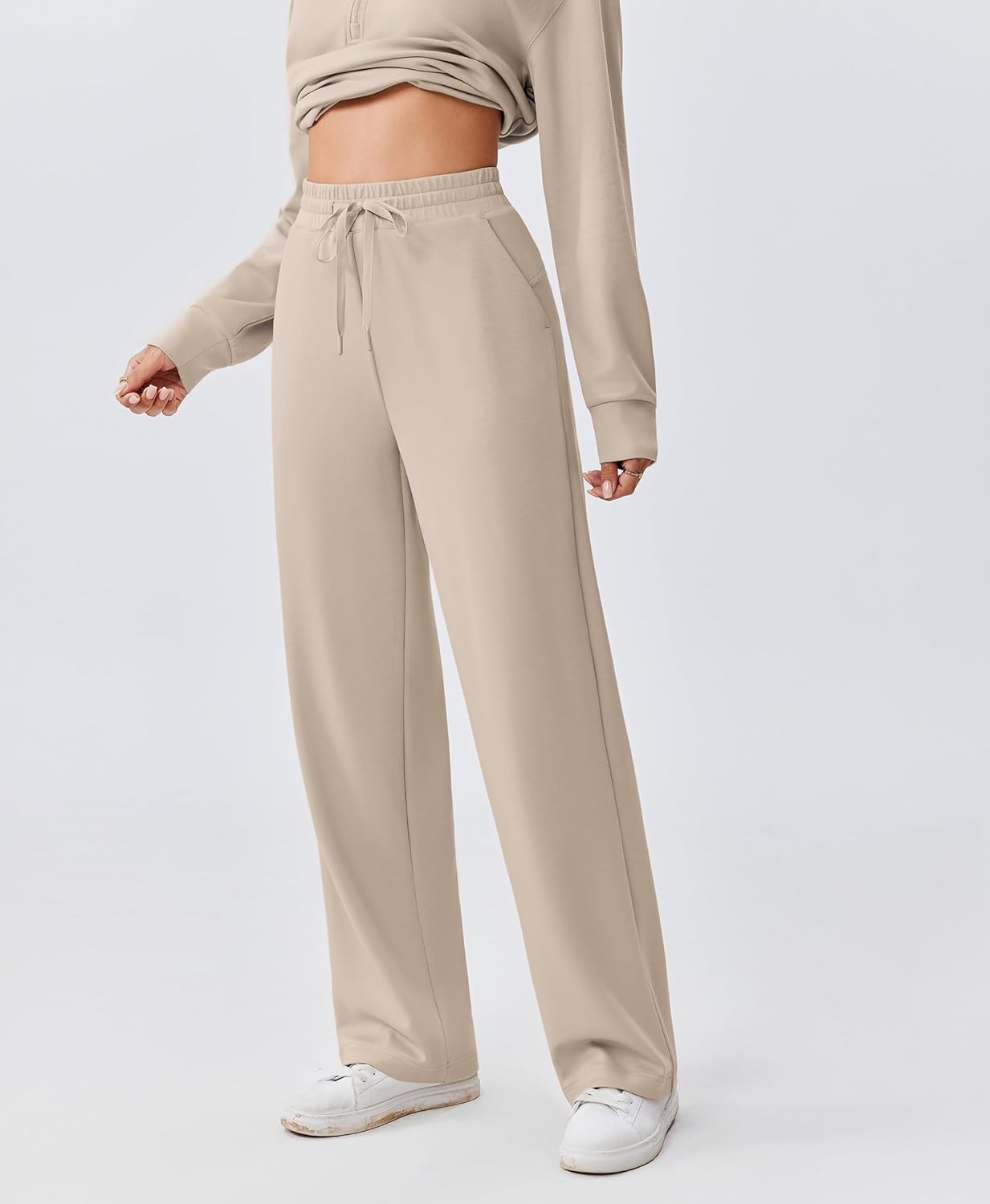 image:imagePINSPARK 2 Piece Sets for Women 12 Zip Sweatsuit Loose Fit Sweatshirt Straight Leg Pants 2025 Matching Outfit Fall TracksuitLight Khaki