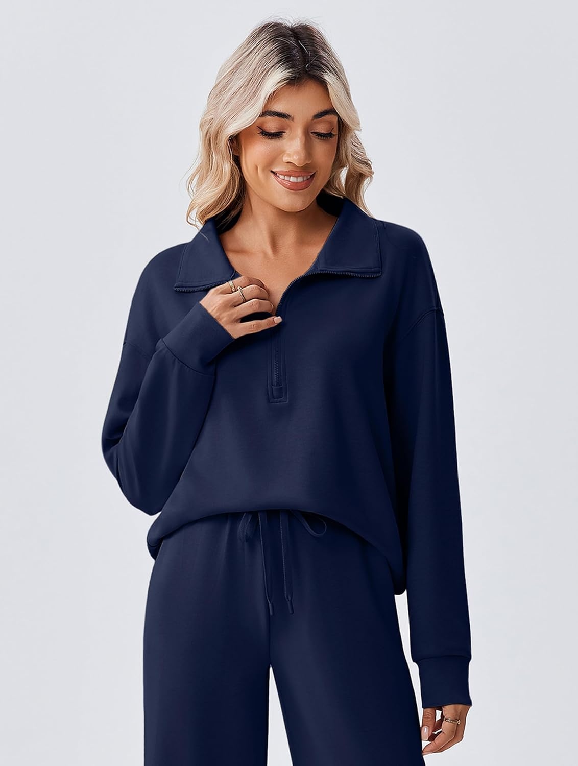 image:imagePINSPARK 2 Piece Sets for Women 12 Zip Sweatsuit Loose Fit Sweatshirt Straight Leg Pants 2025 Matching Outfit Fall TracksuitNavy Blue