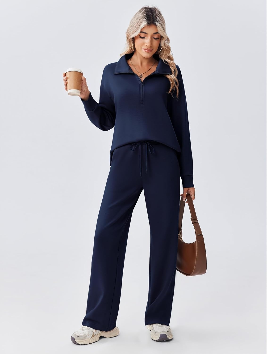 image:imagePINSPARK 2 Piece Sets for Women 12 Zip Sweatsuit Loose Fit Sweatshirt Straight Leg Pants 2025 Matching Outfit Fall TracksuitNavy Blue