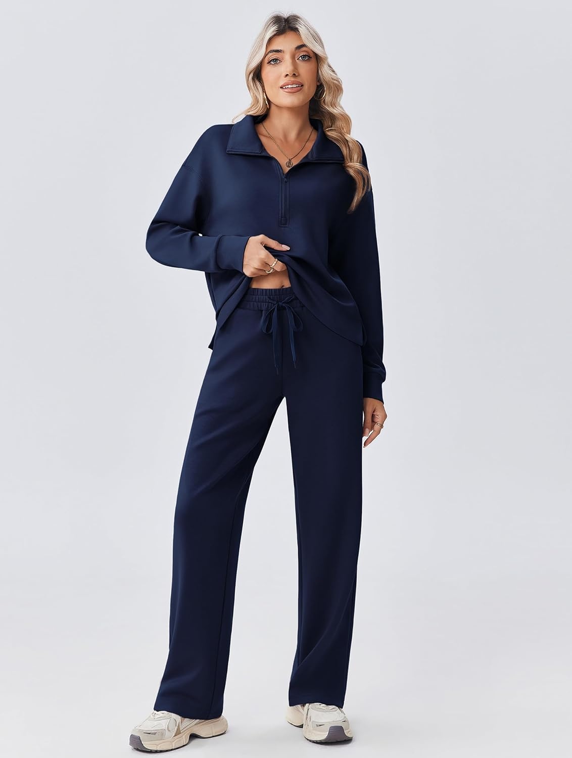 image:imagePINSPARK 2 Piece Sets for Women 12 Zip Sweatsuit Loose Fit Sweatshirt Straight Leg Pants 2025 Matching Outfit Fall TracksuitNavy Blue