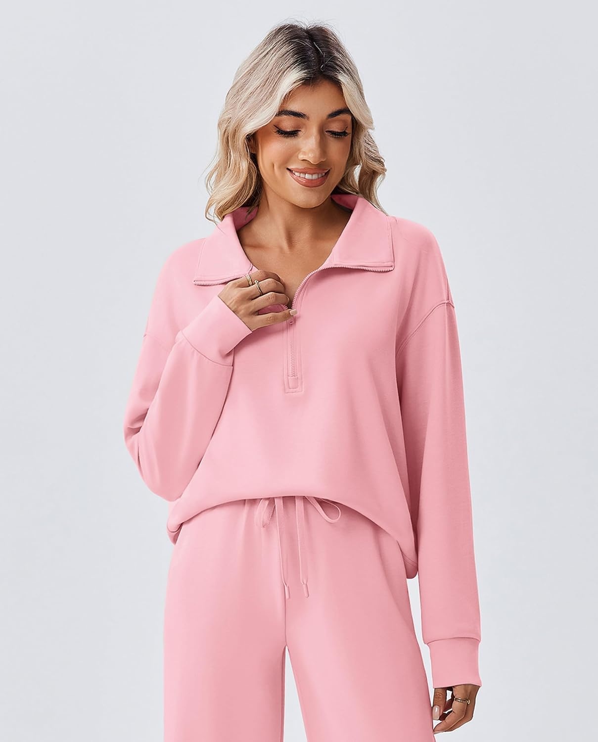 image:imagePINSPARK 2 Piece Sets for Women 12 Zip Sweatsuit Loose Fit Sweatshirt Straight Leg Pants 2025 Matching Outfit Fall TracksuitPink