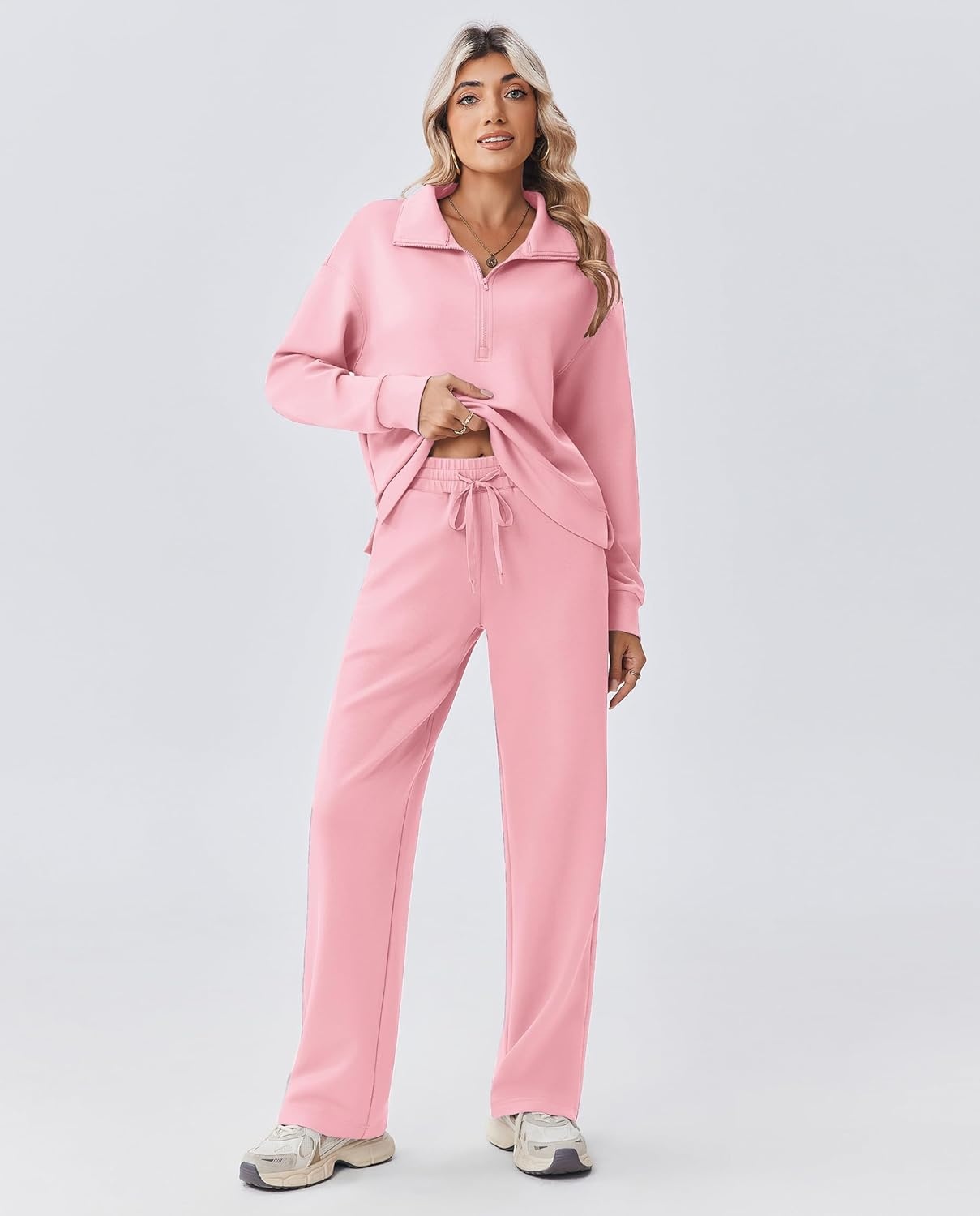 image:imagePINSPARK 2 Piece Sets for Women 12 Zip Sweatsuit Loose Fit Sweatshirt Straight Leg Pants 2025 Matching Outfit Fall TracksuitPink