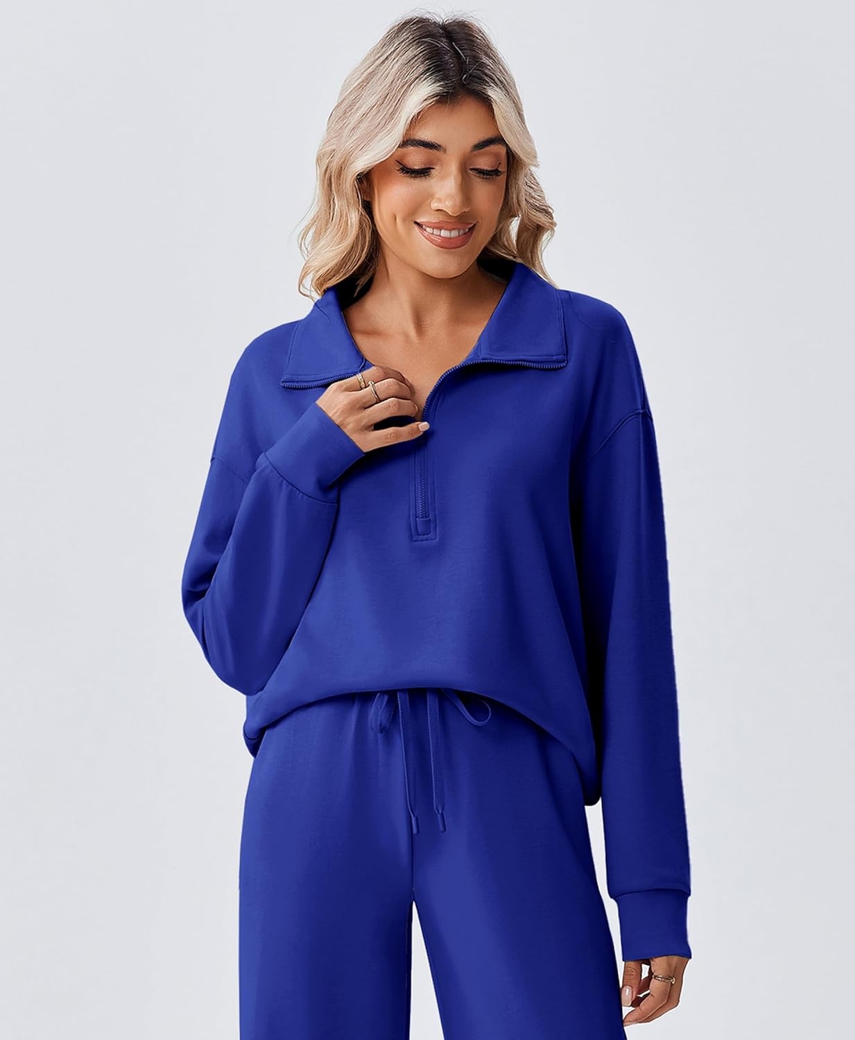image:imagePINSPARK 2 Piece Sets for Women 12 Zip Sweatsuit Loose Fit Sweatshirt Straight Leg Pants 2025 Matching Outfit Fall TracksuitRoyal Blue