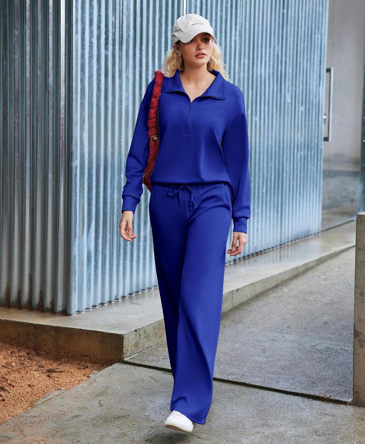 image:imagePINSPARK 2 Piece Sets for Women 12 Zip Sweatsuit Loose Fit Sweatshirt Straight Leg Pants 2025 Matching Outfit Fall TracksuitRoyal Blue