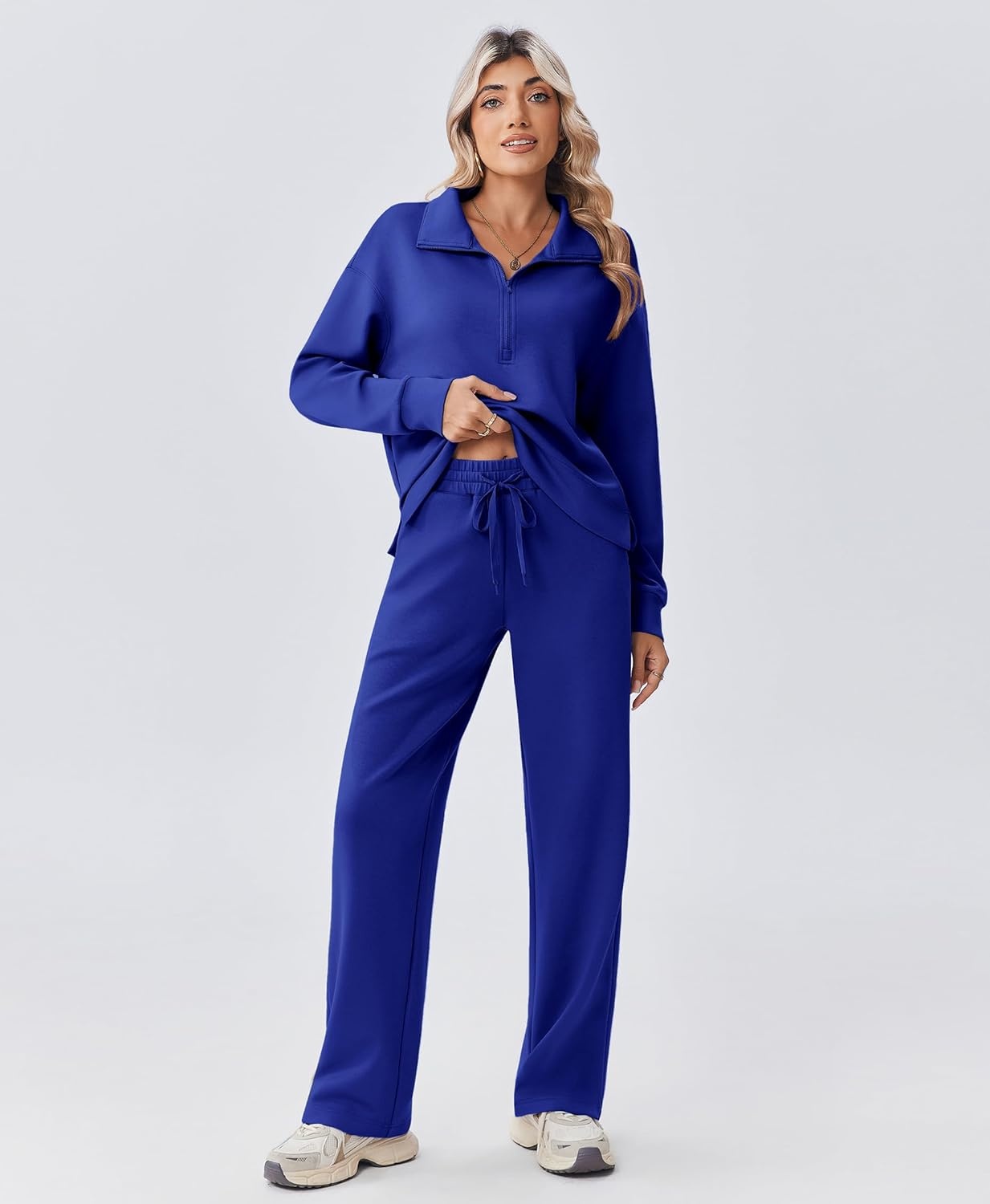 image:imagePINSPARK 2 Piece Sets for Women 12 Zip Sweatsuit Loose Fit Sweatshirt Straight Leg Pants 2025 Matching Outfit Fall TracksuitRoyal Blue