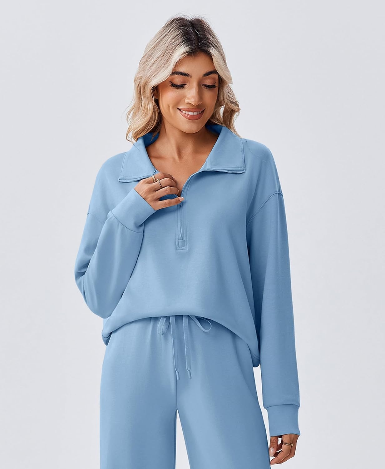 image:imagePINSPARK 2 Piece Sets for Women 12 Zip Sweatsuit Loose Fit Sweatshirt Straight Leg Pants 2025 Matching Outfit Fall TracksuitSky Blue