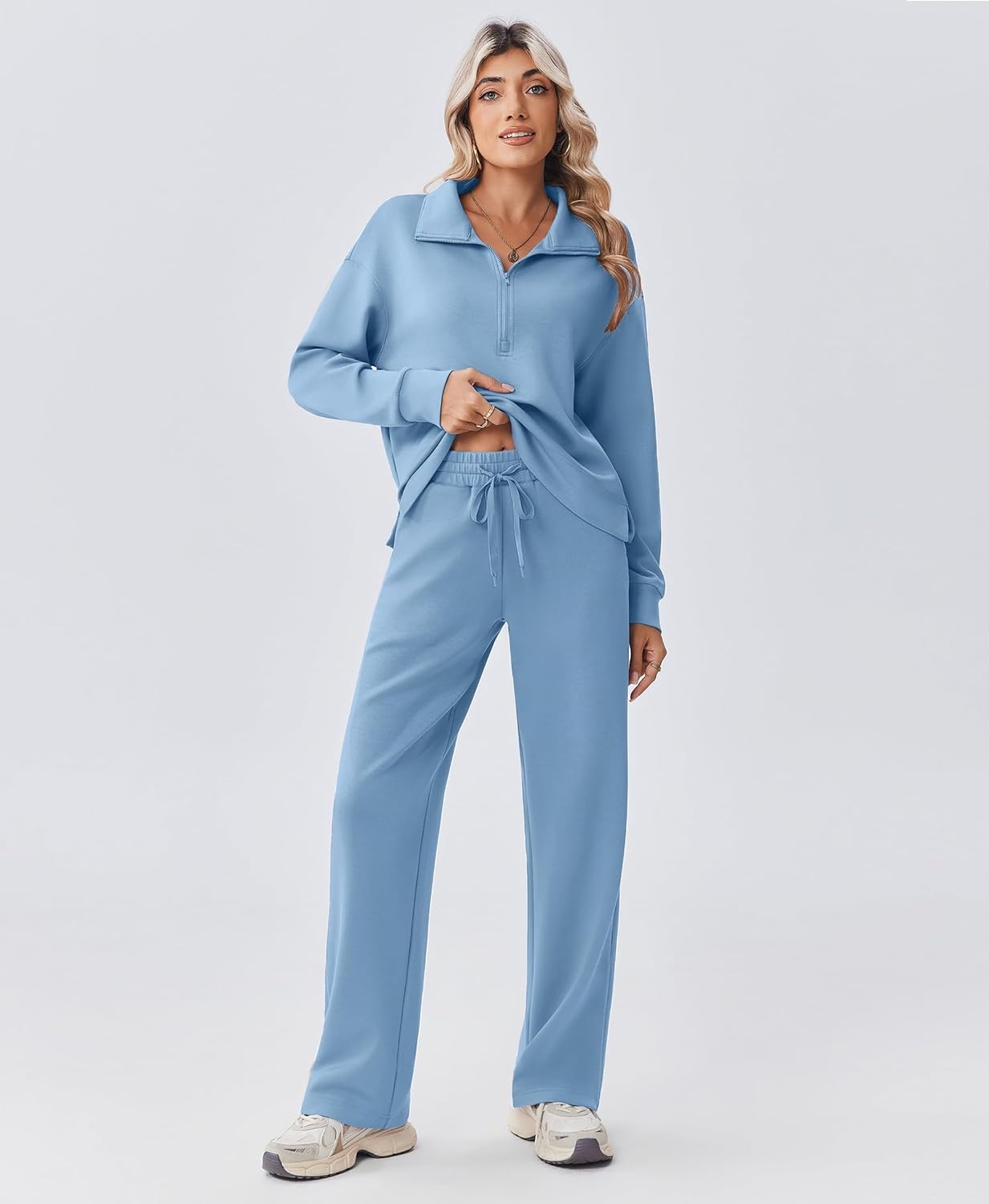 image:imagePINSPARK 2 Piece Sets for Women 12 Zip Sweatsuit Loose Fit Sweatshirt Straight Leg Pants 2025 Matching Outfit Fall TracksuitSky Blue