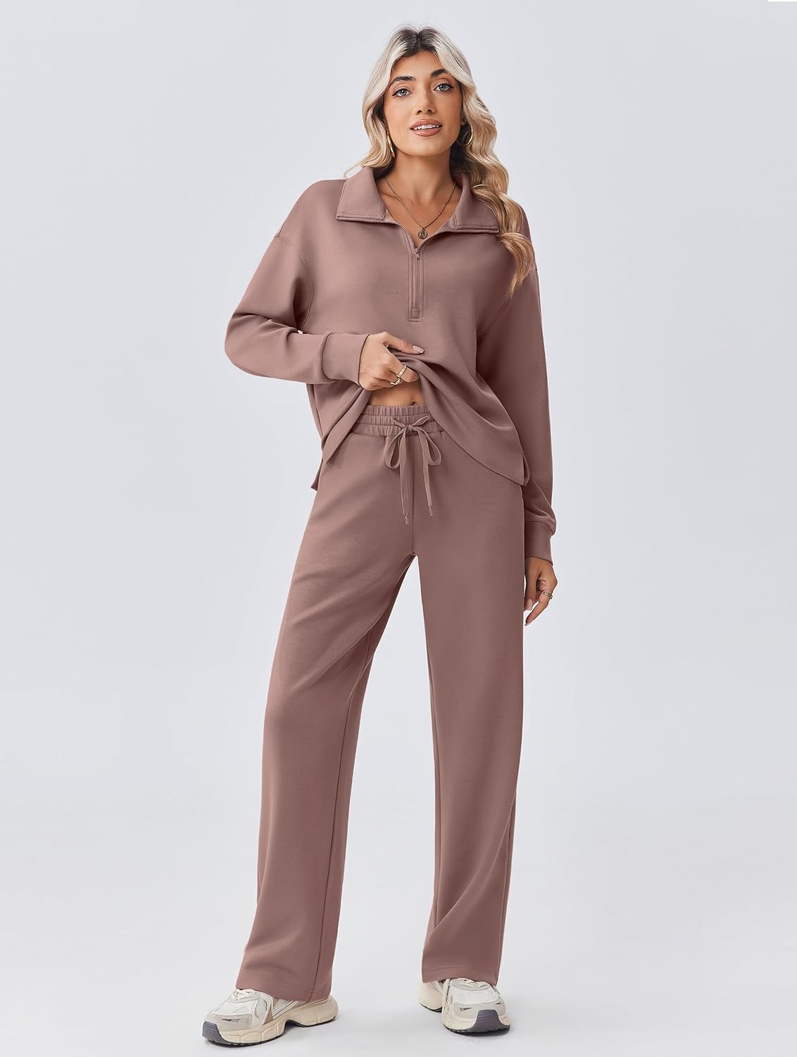 image:imagePINSPARK 2 Piece Sets for Women 12 Zip Sweatsuit Loose Fit Sweatshirt Straight Leg Pants 2025 Matching Outfit Fall TracksuitTaupetastic