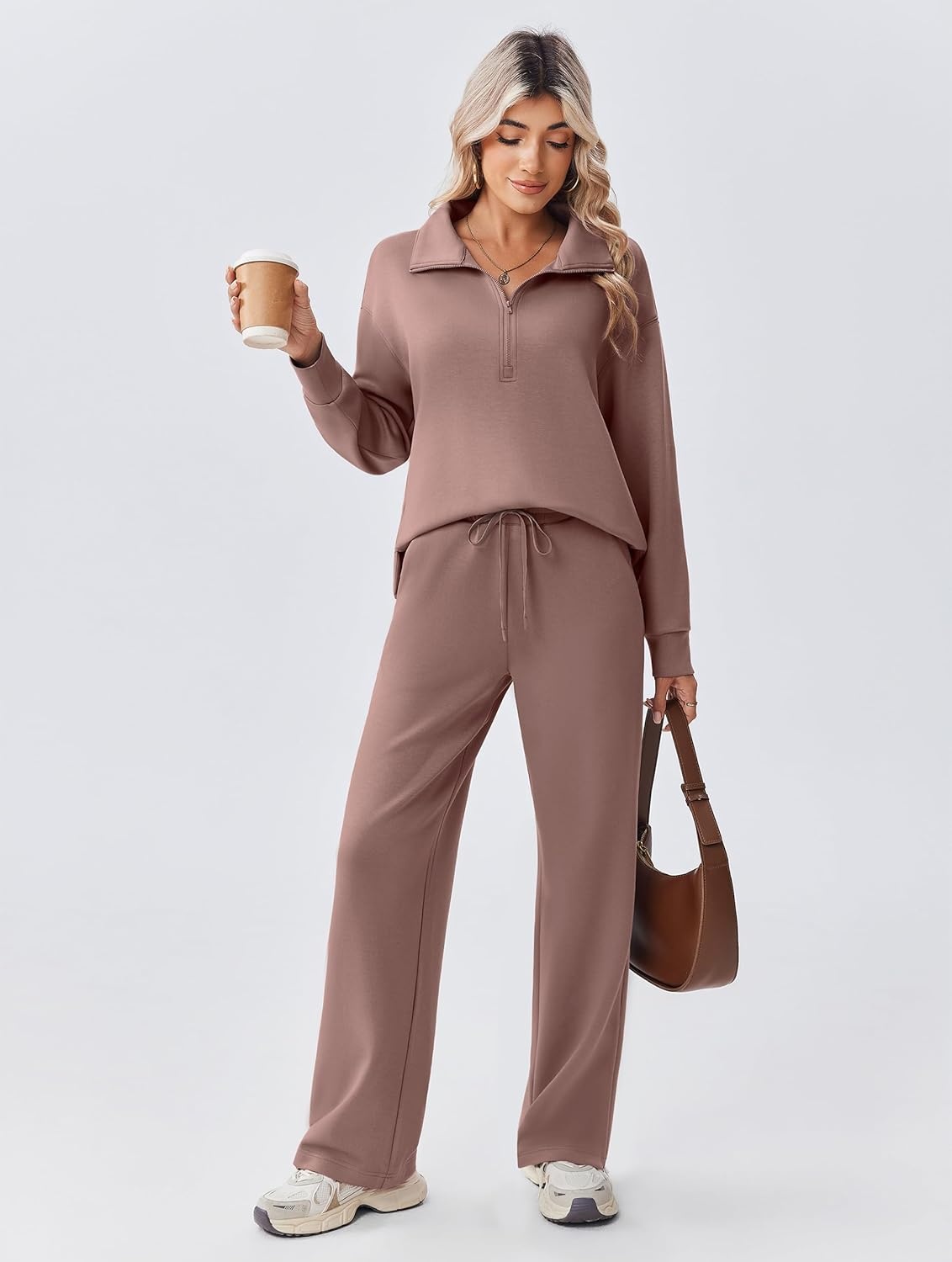 image:imagePINSPARK 2 Piece Sets for Women 12 Zip Sweatsuit Loose Fit Sweatshirt Straight Leg Pants 2025 Matching Outfit Fall TracksuitTaupetastic