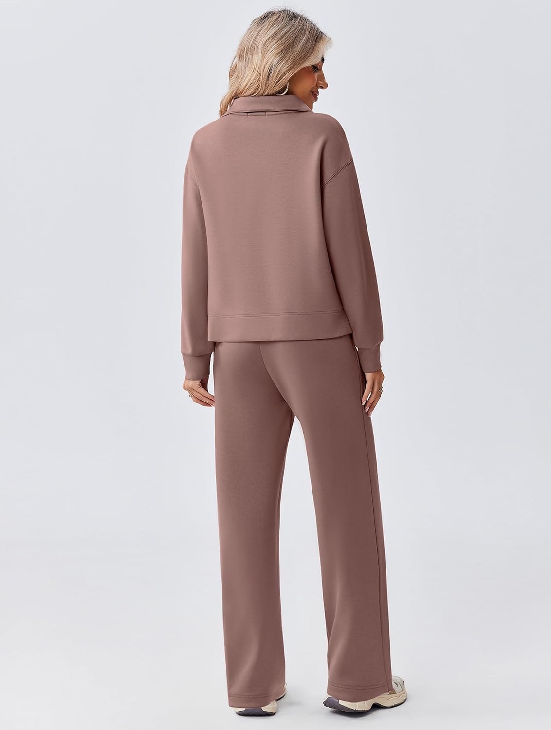 image:imagePINSPARK 2 Piece Sets for Women 12 Zip Sweatsuit Loose Fit Sweatshirt Straight Leg Pants 2025 Matching Outfit Fall TracksuitTaupetastic