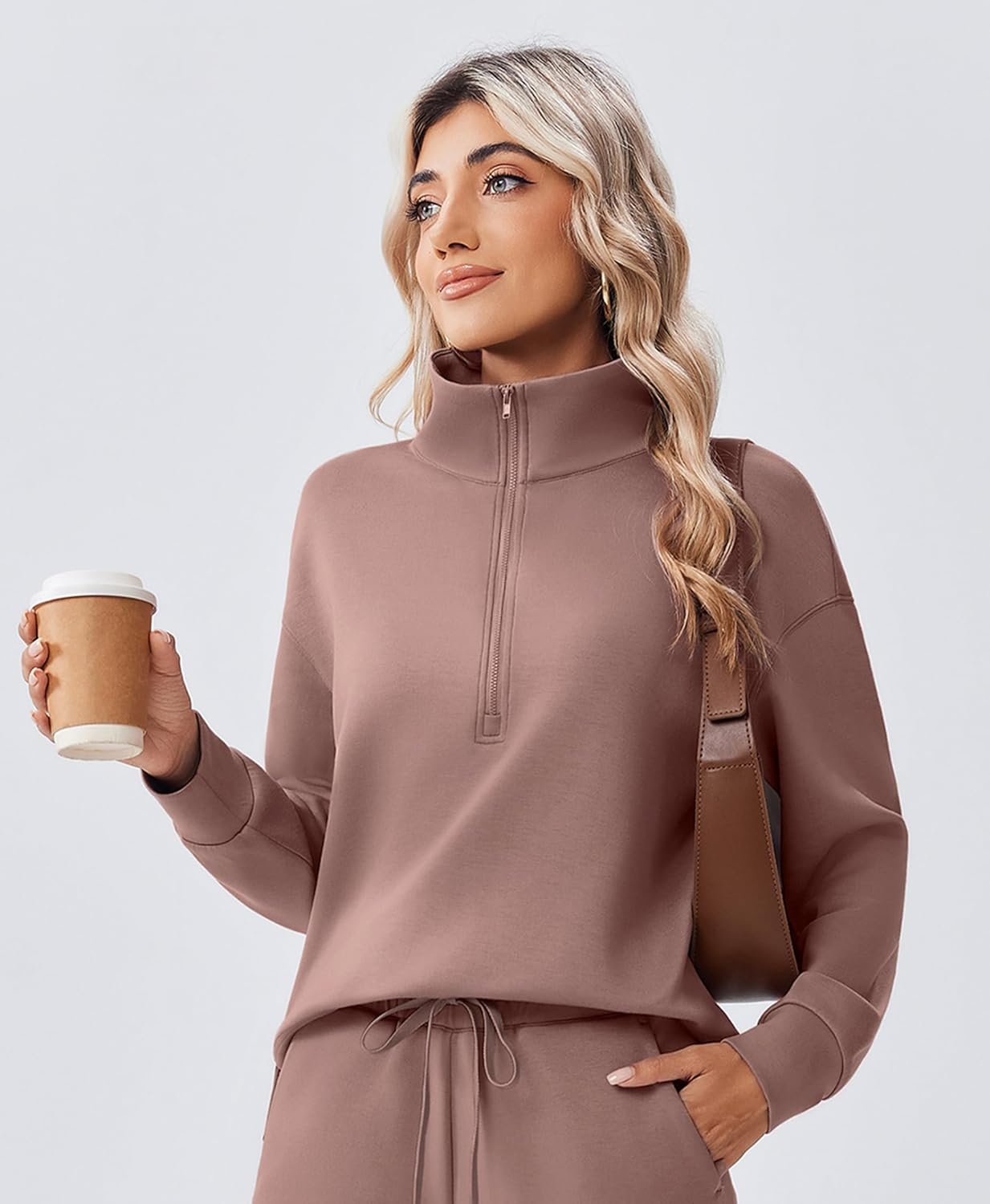 image:imagePINSPARK 2 Piece Sets for Women 12 Zip Sweatsuit Loose Fit Sweatshirt Straight Leg Pants 2025 Matching Outfit Fall TracksuitTaupetastic
