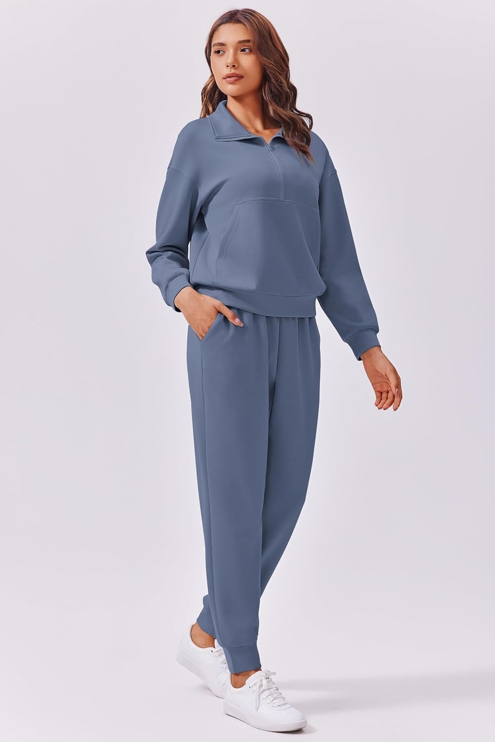 image:imagePINSPARK 2 Piece Sets for Women 2025 Fall Travel Outfits Long Sleeve Tracksuit Joggers Sets Half Zip Sweatsuit Matching SetBlue
