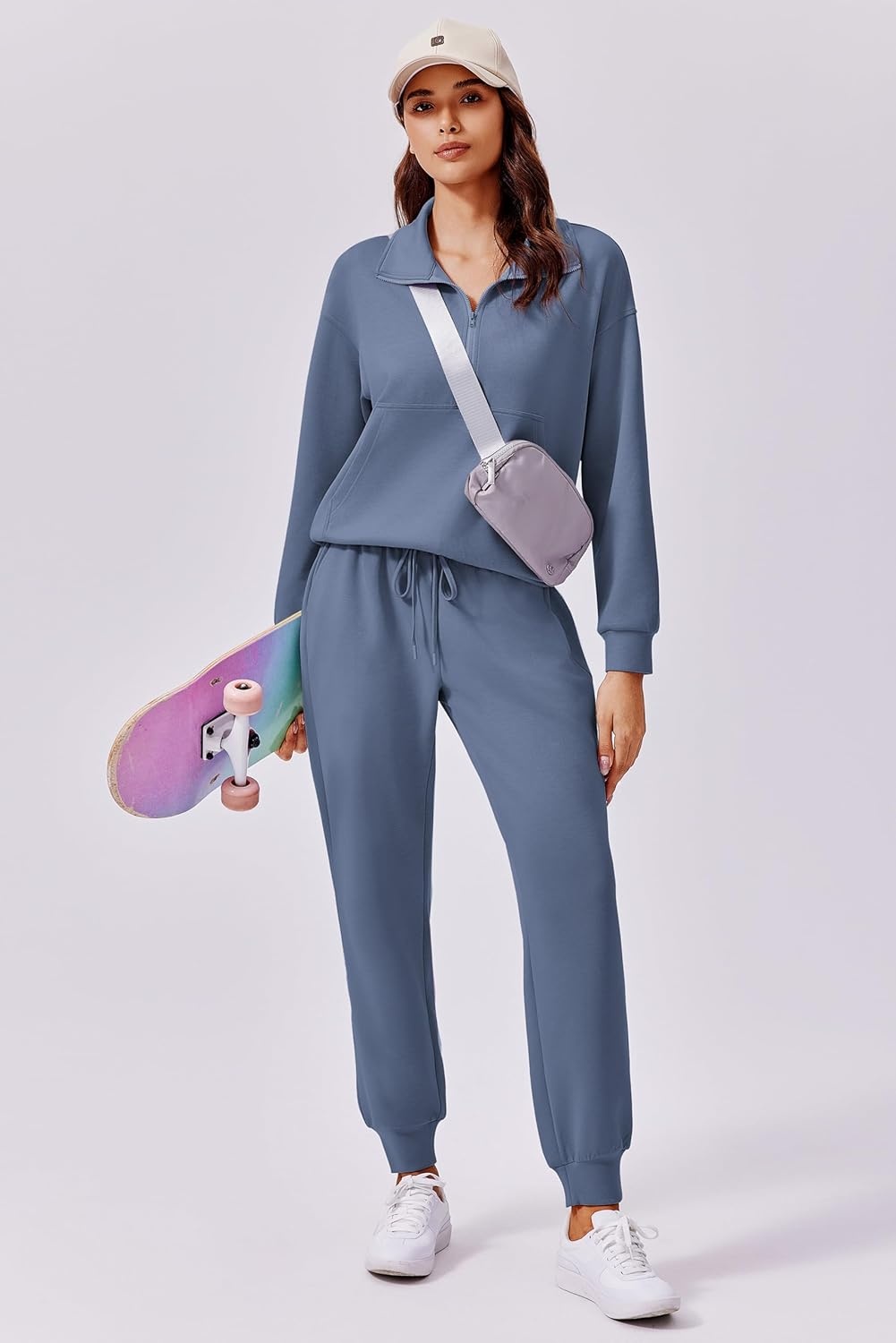 image:imagePINSPARK 2 Piece Sets for Women 2025 Fall Travel Outfits Long Sleeve Tracksuit Joggers Sets Half Zip Sweatsuit Matching SetBlue