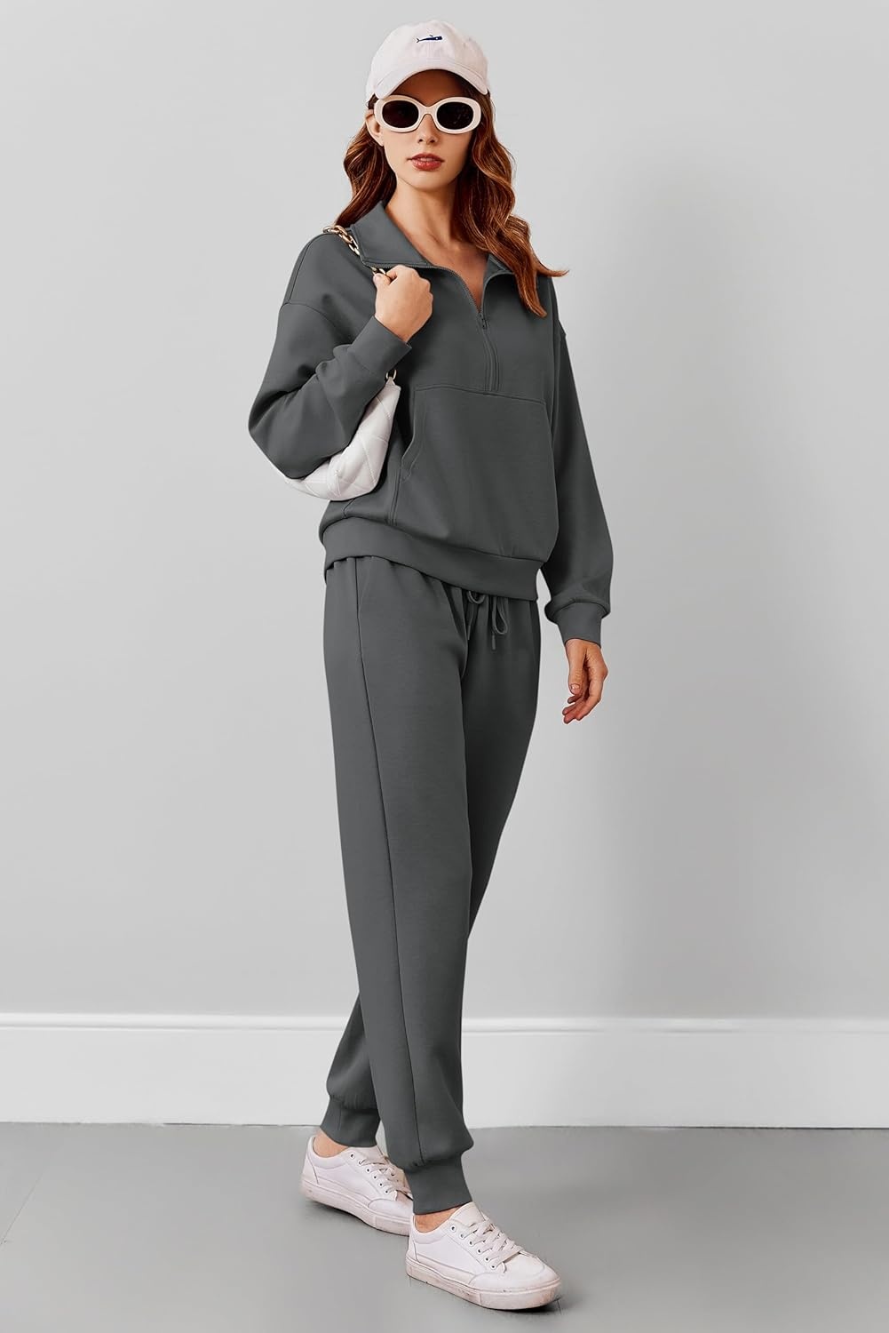 image:imagePINSPARK 2 Piece Sets for Women 2025 Fall Travel Outfits Long Sleeve Tracksuit Joggers Sets Half Zip Sweatsuit Matching SetDark Grey