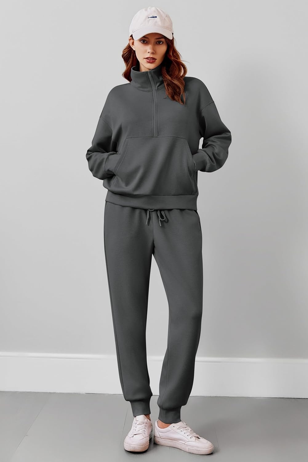 image:imagePINSPARK 2 Piece Sets for Women 2025 Fall Travel Outfits Long Sleeve Tracksuit Joggers Sets Half Zip Sweatsuit Matching SetDark Grey