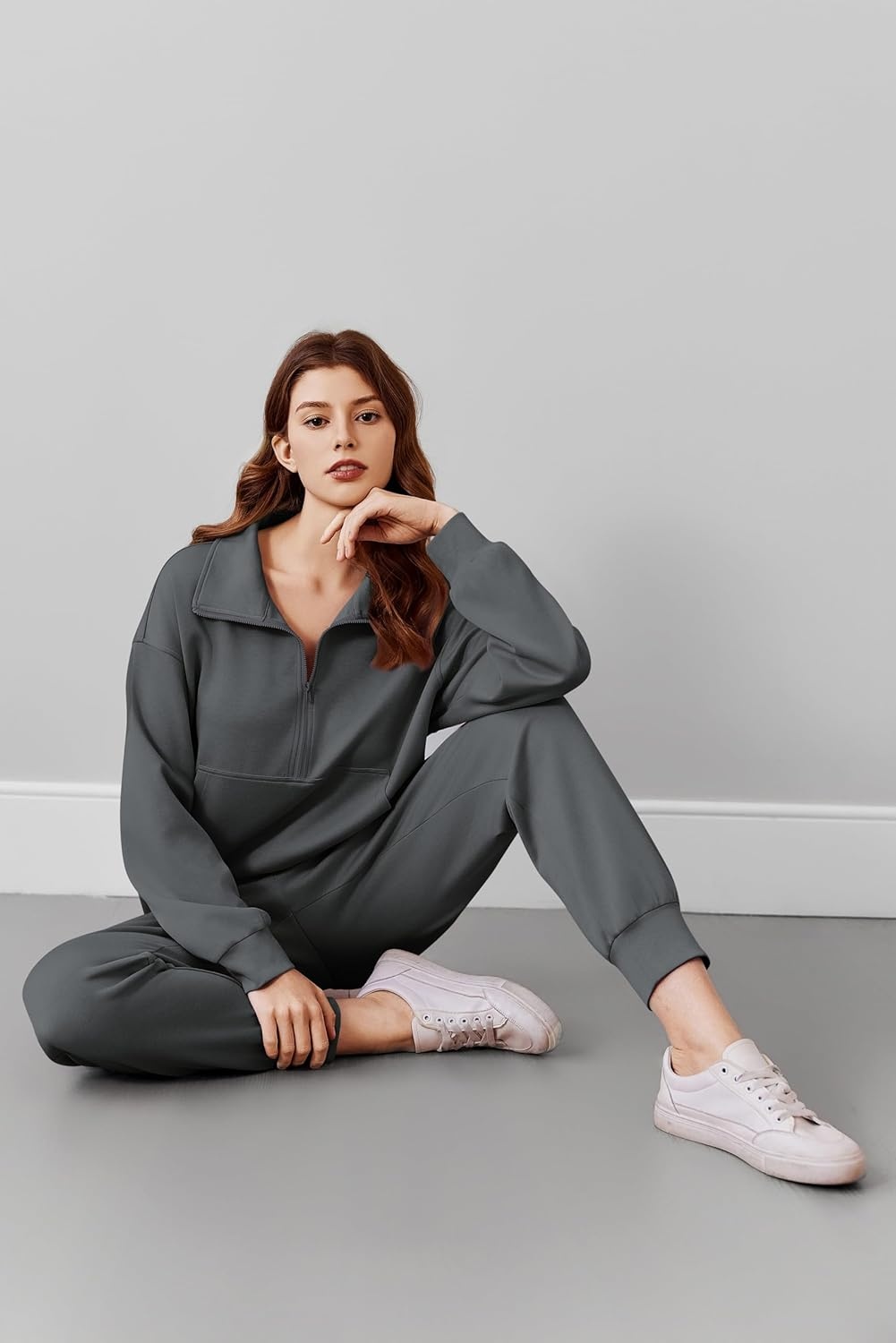 image:imagePINSPARK 2 Piece Sets for Women 2025 Fall Travel Outfits Long Sleeve Tracksuit Joggers Sets Half Zip Sweatsuit Matching SetDark Grey