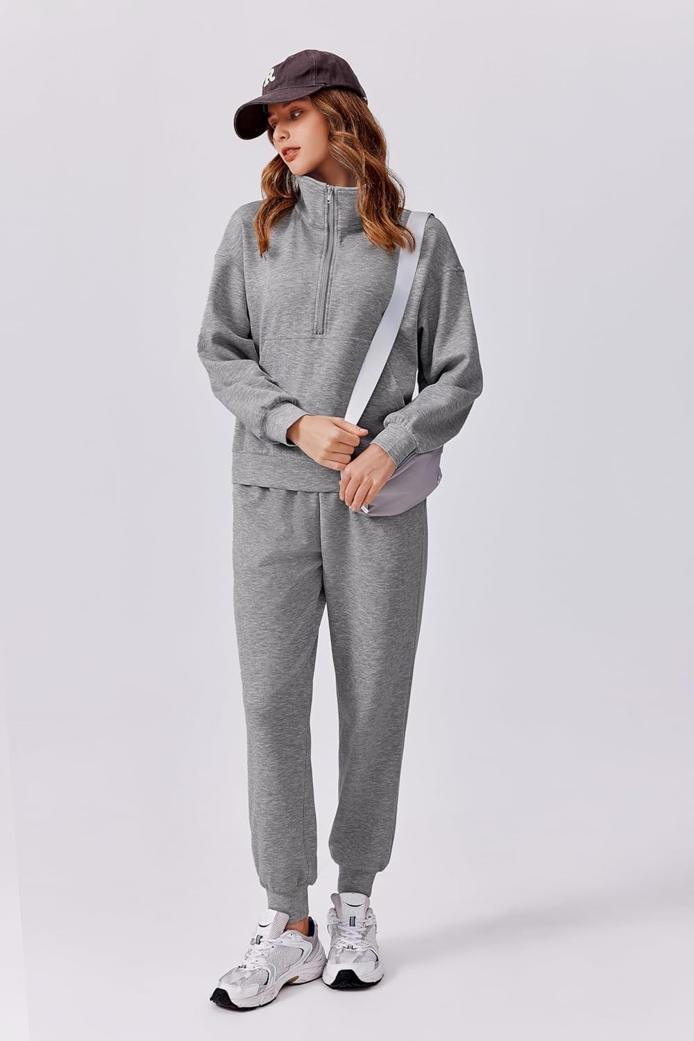 image:imagePINSPARK 2 Piece Sets for Women 2025 Fall Travel Outfits Long Sleeve Tracksuit Joggers Sets Half Zip Sweatsuit Matching SetGrey