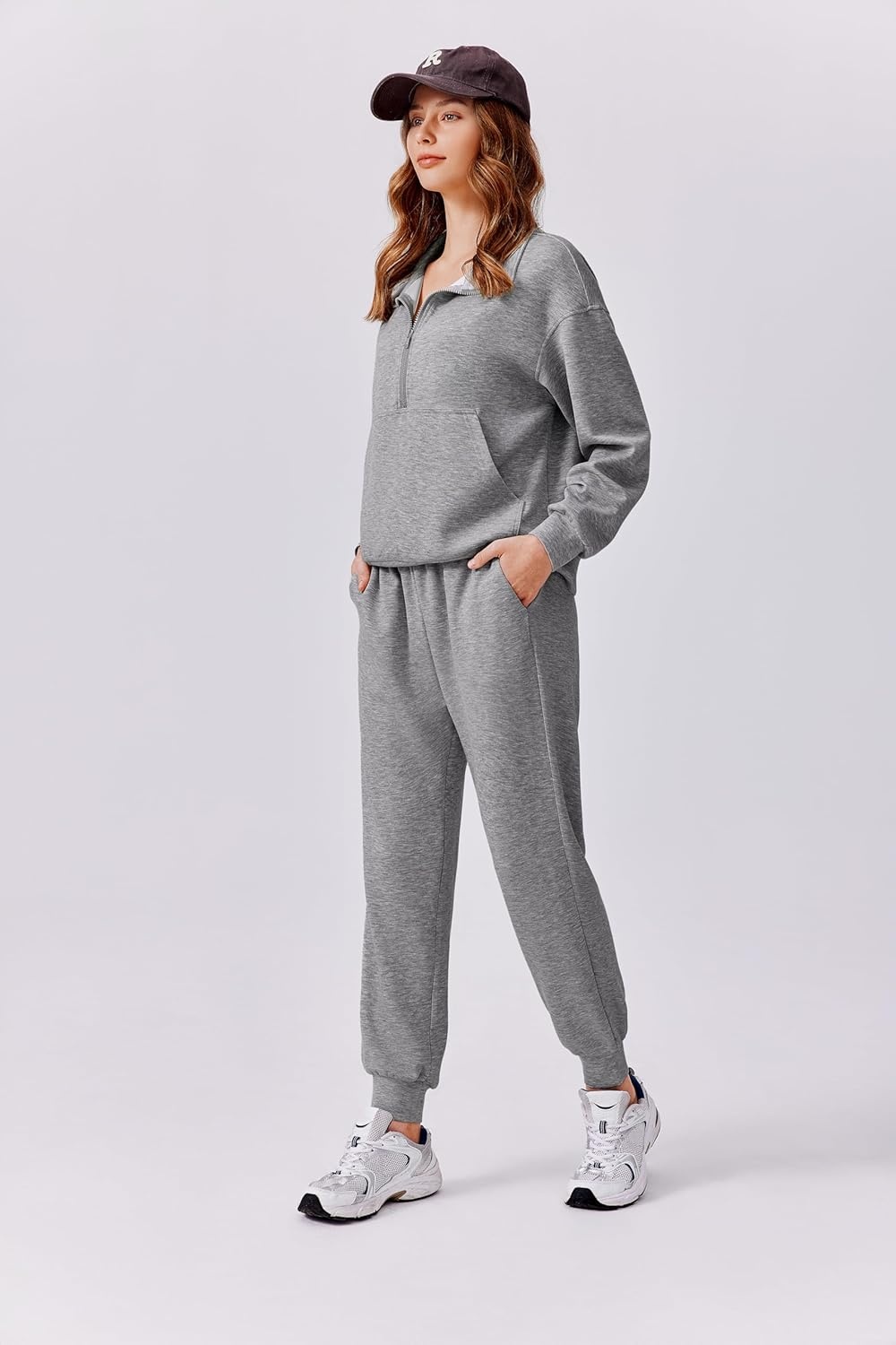 image:imagePINSPARK 2 Piece Sets for Women 2025 Fall Travel Outfits Long Sleeve Tracksuit Joggers Sets Half Zip Sweatsuit Matching SetGrey