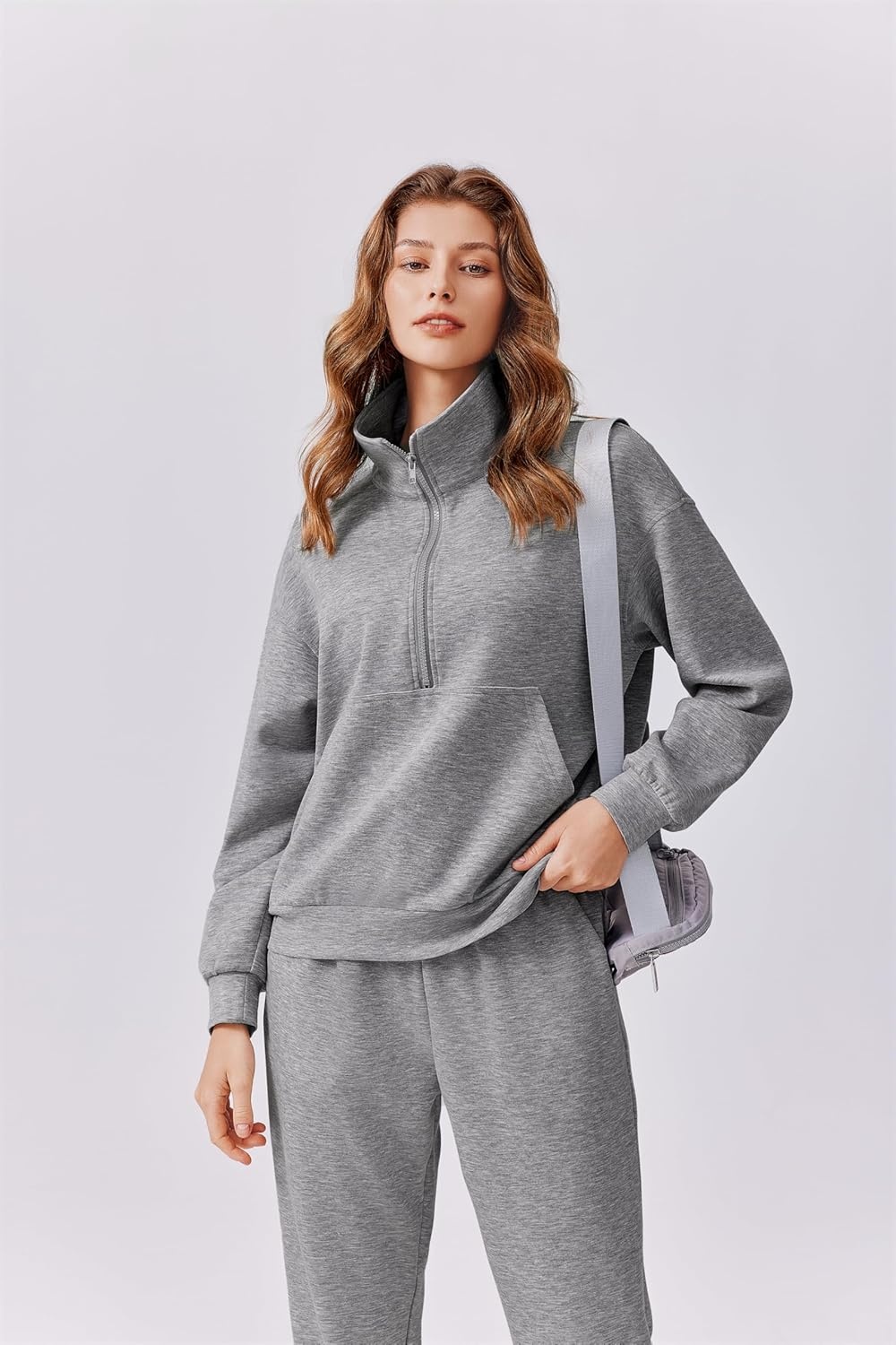 image:imagePINSPARK 2 Piece Sets for Women 2025 Fall Travel Outfits Long Sleeve Tracksuit Joggers Sets Half Zip Sweatsuit Matching SetGrey