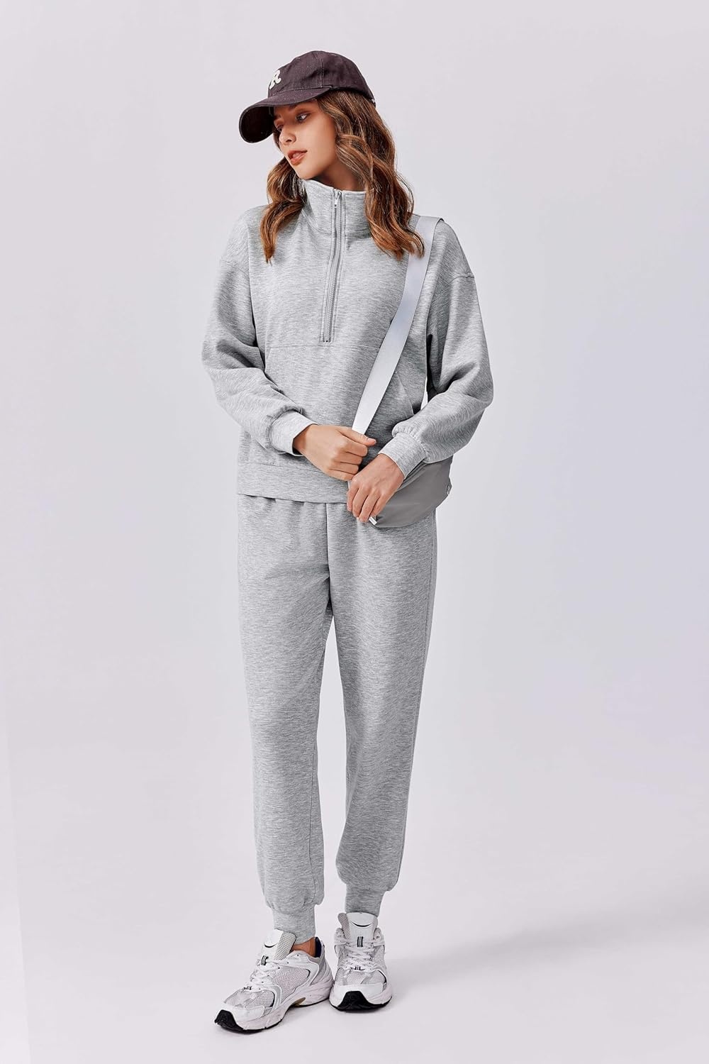 image:imagePINSPARK 2 Piece Sets for Women 2025 Fall Travel Outfits Long Sleeve Tracksuit Joggers Sets Half Zip Sweatsuit Matching SetLight Grey