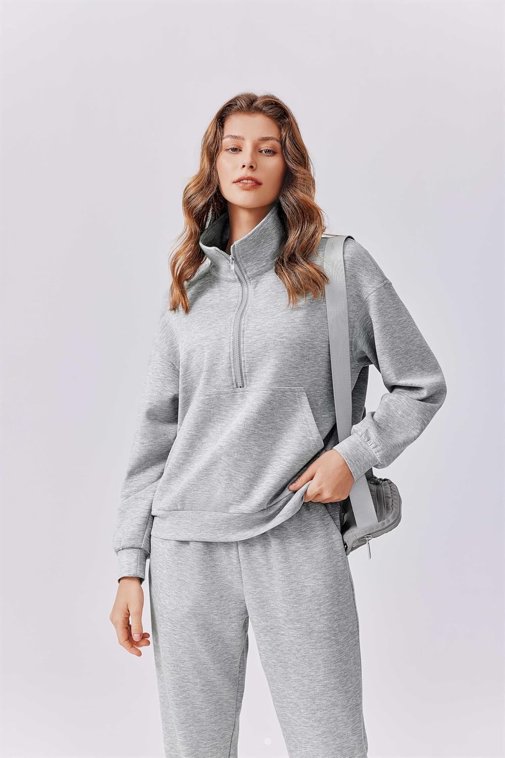 image:imagePINSPARK 2 Piece Sets for Women 2025 Fall Travel Outfits Long Sleeve Tracksuit Joggers Sets Half Zip Sweatsuit Matching SetLight Grey