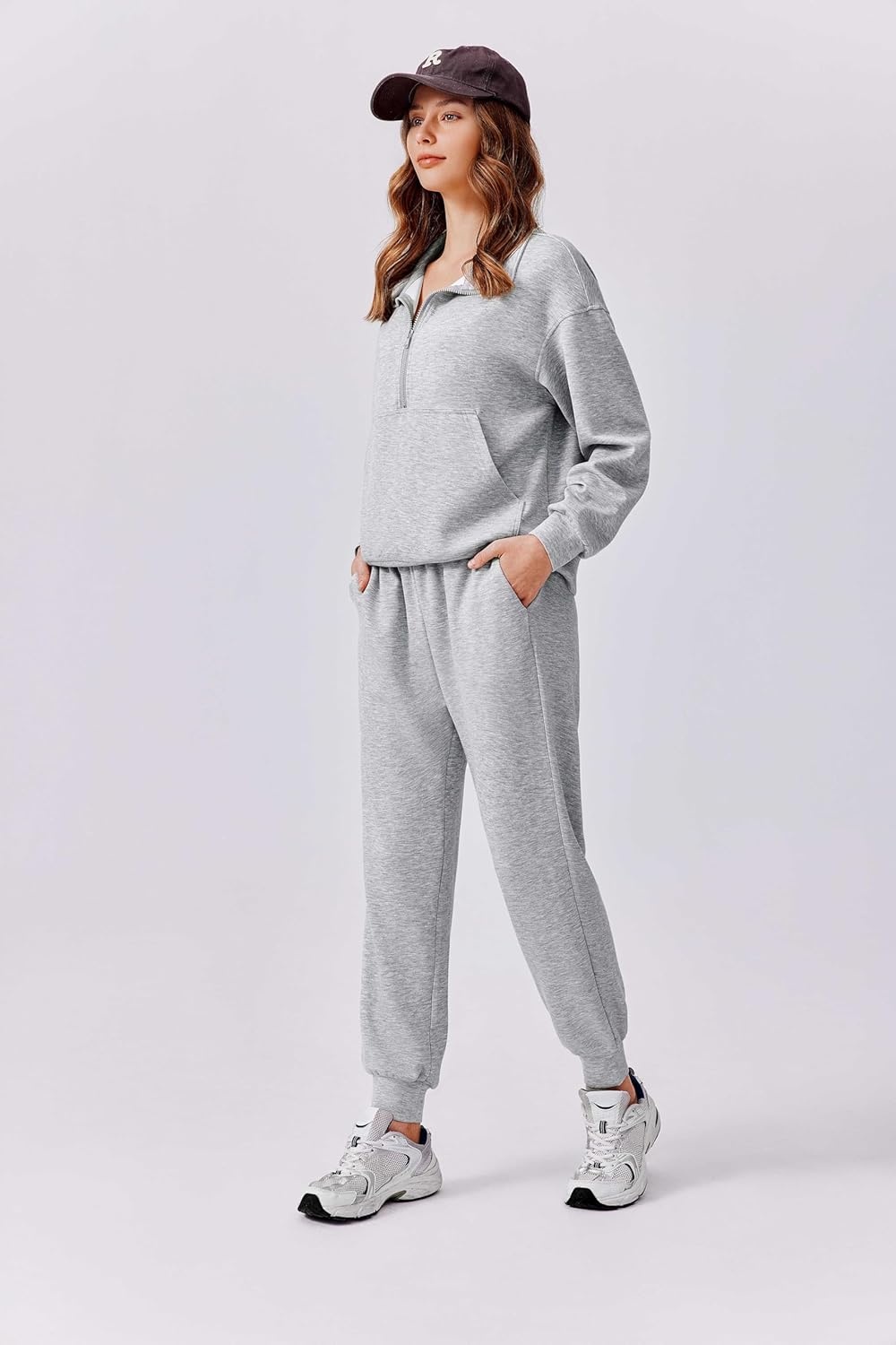 image:imagePINSPARK 2 Piece Sets for Women 2025 Fall Travel Outfits Long Sleeve Tracksuit Joggers Sets Half Zip Sweatsuit Matching SetLight Grey