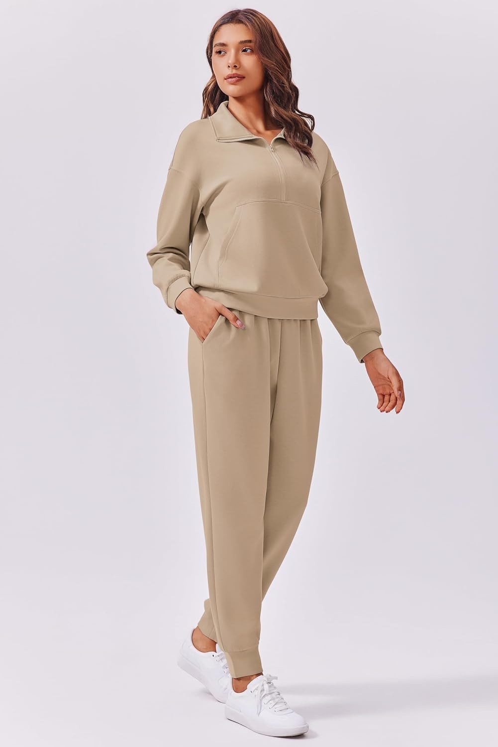 image:imagePINSPARK 2 Piece Sets for Women 2025 Fall Travel Outfits Long Sleeve Tracksuit Joggers Sets Half Zip Sweatsuit Matching SetLight Khaki