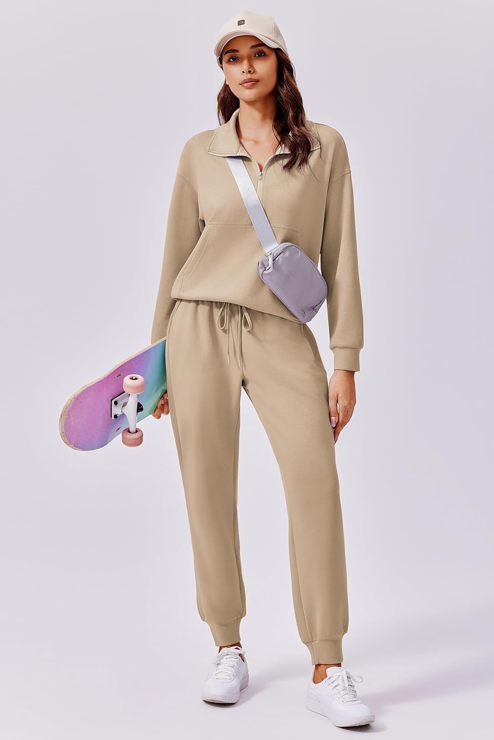 image:imagePINSPARK 2 Piece Sets for Women 2025 Fall Travel Outfits Long Sleeve Tracksuit Joggers Sets Half Zip Sweatsuit Matching SetLight Khaki