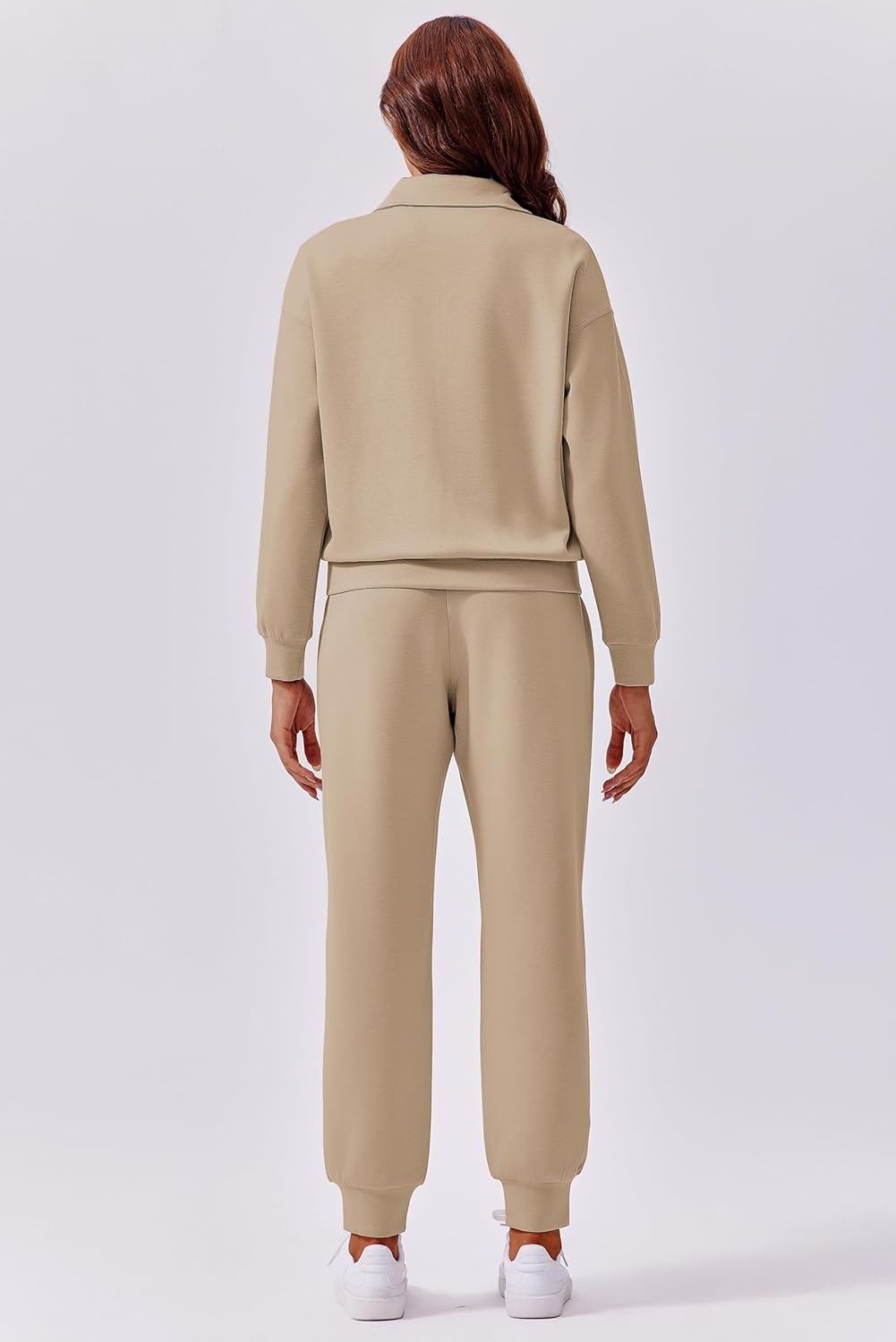 image:imagePINSPARK 2 Piece Sets for Women 2025 Fall Travel Outfits Long Sleeve Tracksuit Joggers Sets Half Zip Sweatsuit Matching SetLight Khaki