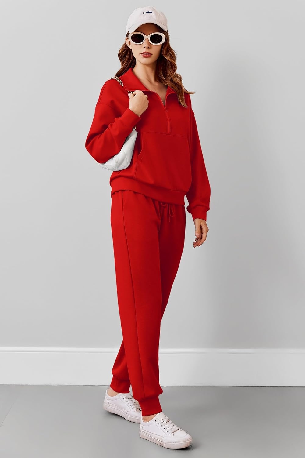 image:imagePINSPARK 2 Piece Sets for Women 2025 Fall Travel Outfits Long Sleeve Tracksuit Joggers Sets Half Zip Sweatsuit Matching SetRed