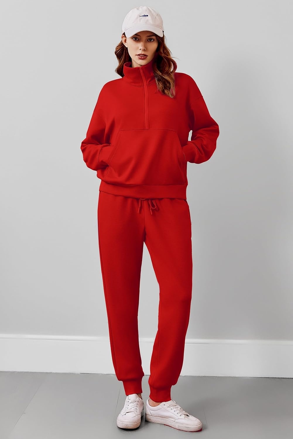 image:imagePINSPARK 2 Piece Sets for Women 2025 Fall Travel Outfits Long Sleeve Tracksuit Joggers Sets Half Zip Sweatsuit Matching SetRed