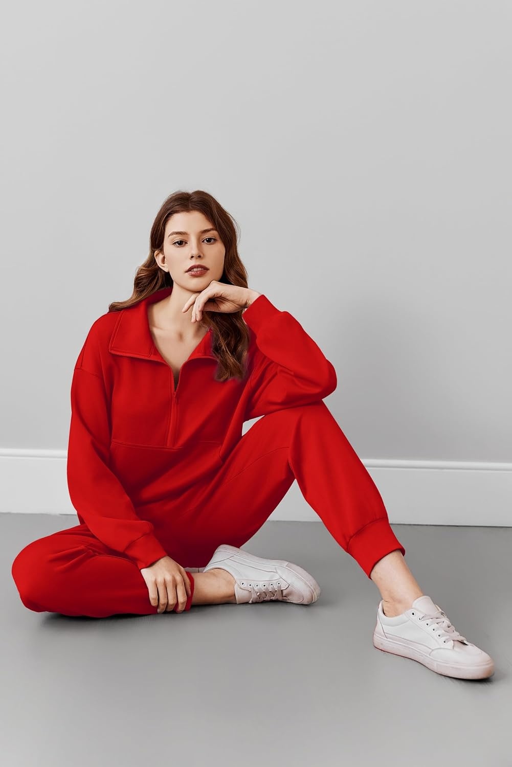 image:imagePINSPARK 2 Piece Sets for Women 2025 Fall Travel Outfits Long Sleeve Tracksuit Joggers Sets Half Zip Sweatsuit Matching SetRed