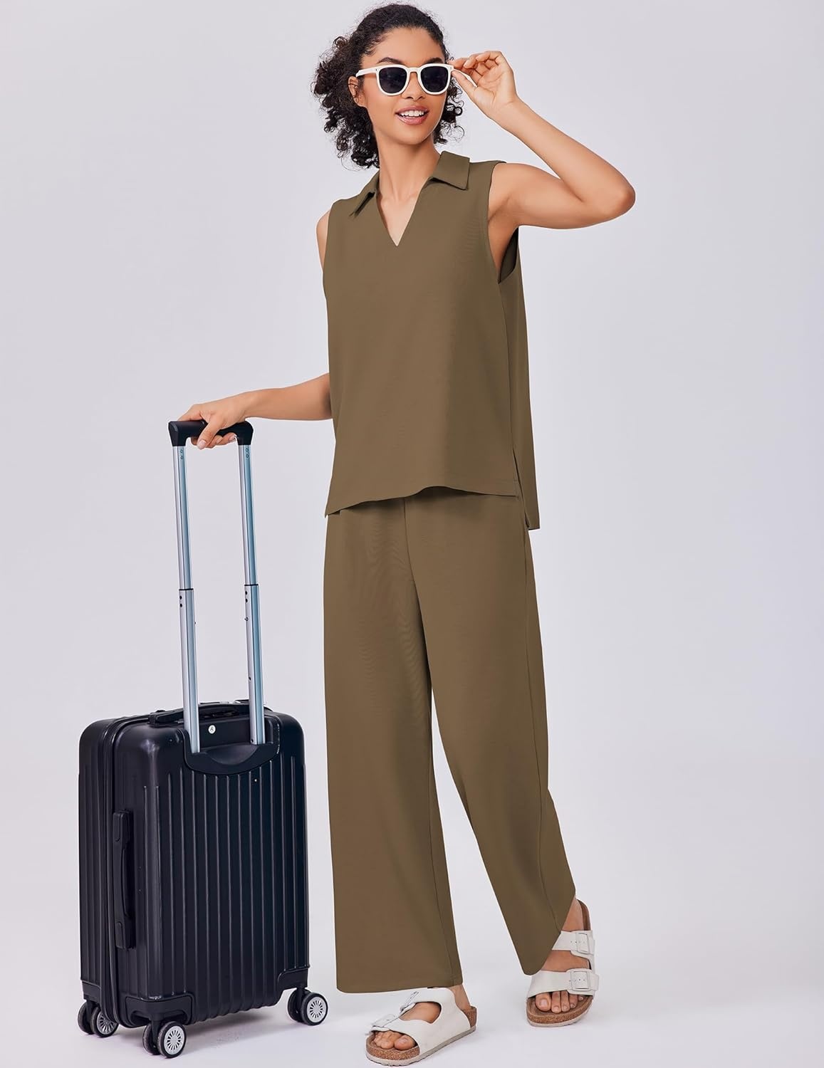 image:imagePINSPARK 2 Piece Sets for Women Sleeveless Matching Lounge Sets V Neck Tops Wide Leg Crop Pants Summer Travel Outfits 2026Brown