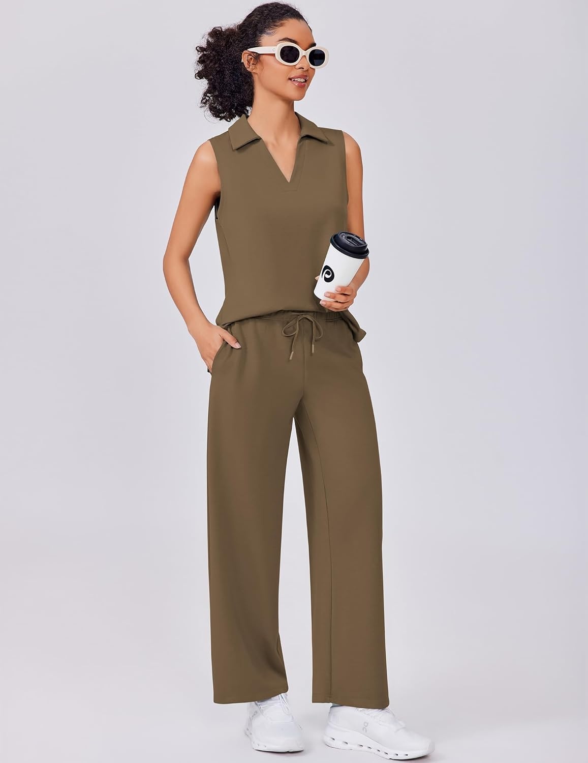 image:imagePINSPARK 2 Piece Sets for Women Sleeveless Matching Lounge Sets V Neck Tops Wide Leg Crop Pants Summer Travel Outfits 2026Brown