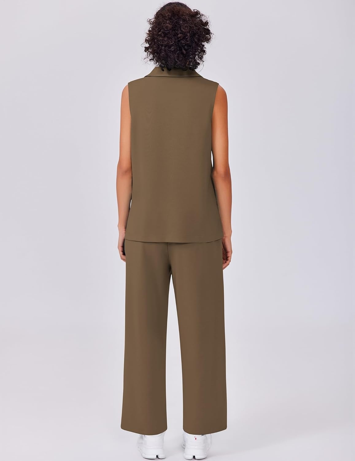 image:imagePINSPARK 2 Piece Sets for Women Sleeveless Matching Lounge Sets V Neck Tops Wide Leg Crop Pants Summer Travel Outfits 2026Brown
