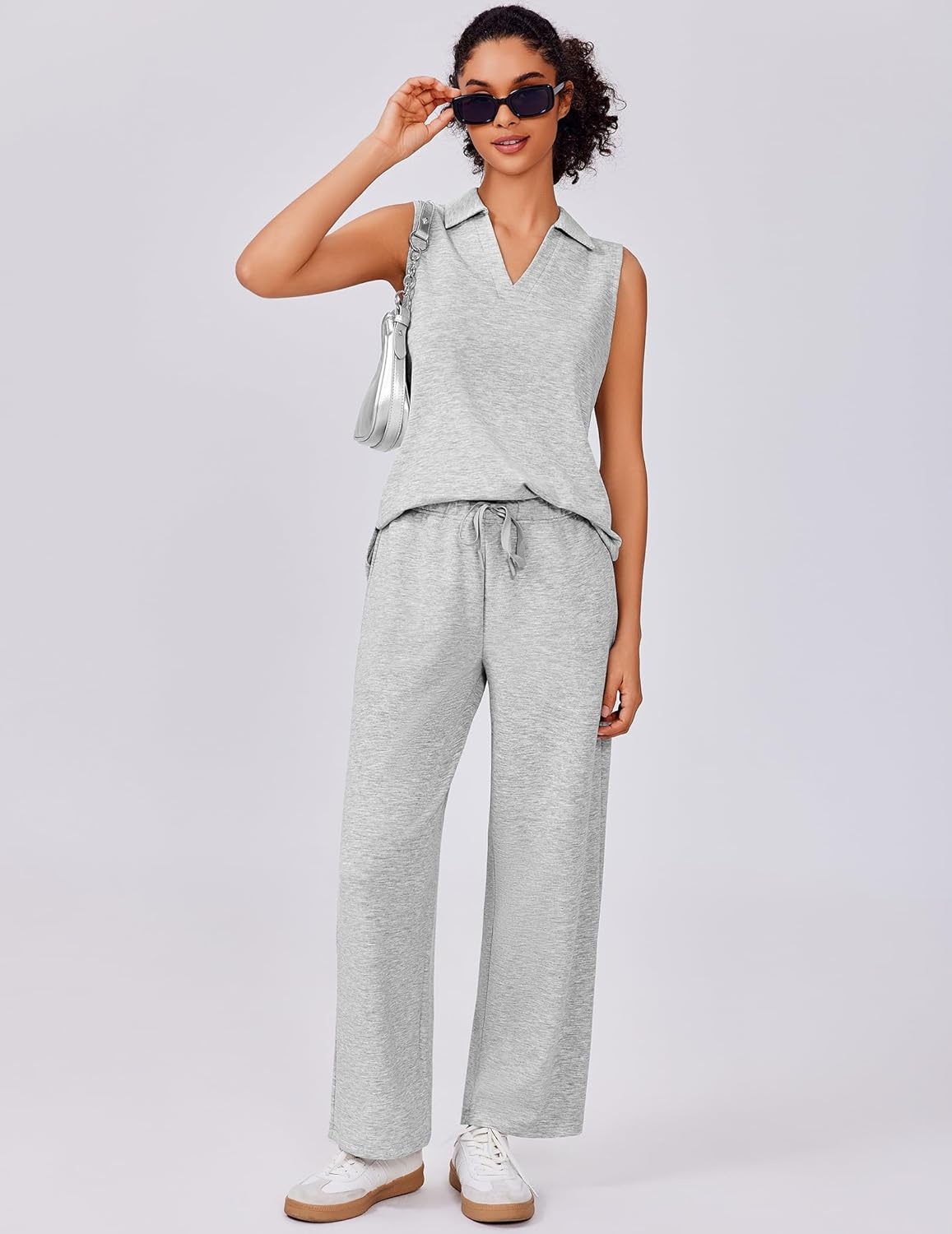image:imagePINSPARK 2 Piece Sets for Women Sleeveless Matching Lounge Sets V Neck Tops Wide Leg Crop Pants Summer Travel Outfits 2026Light Grey