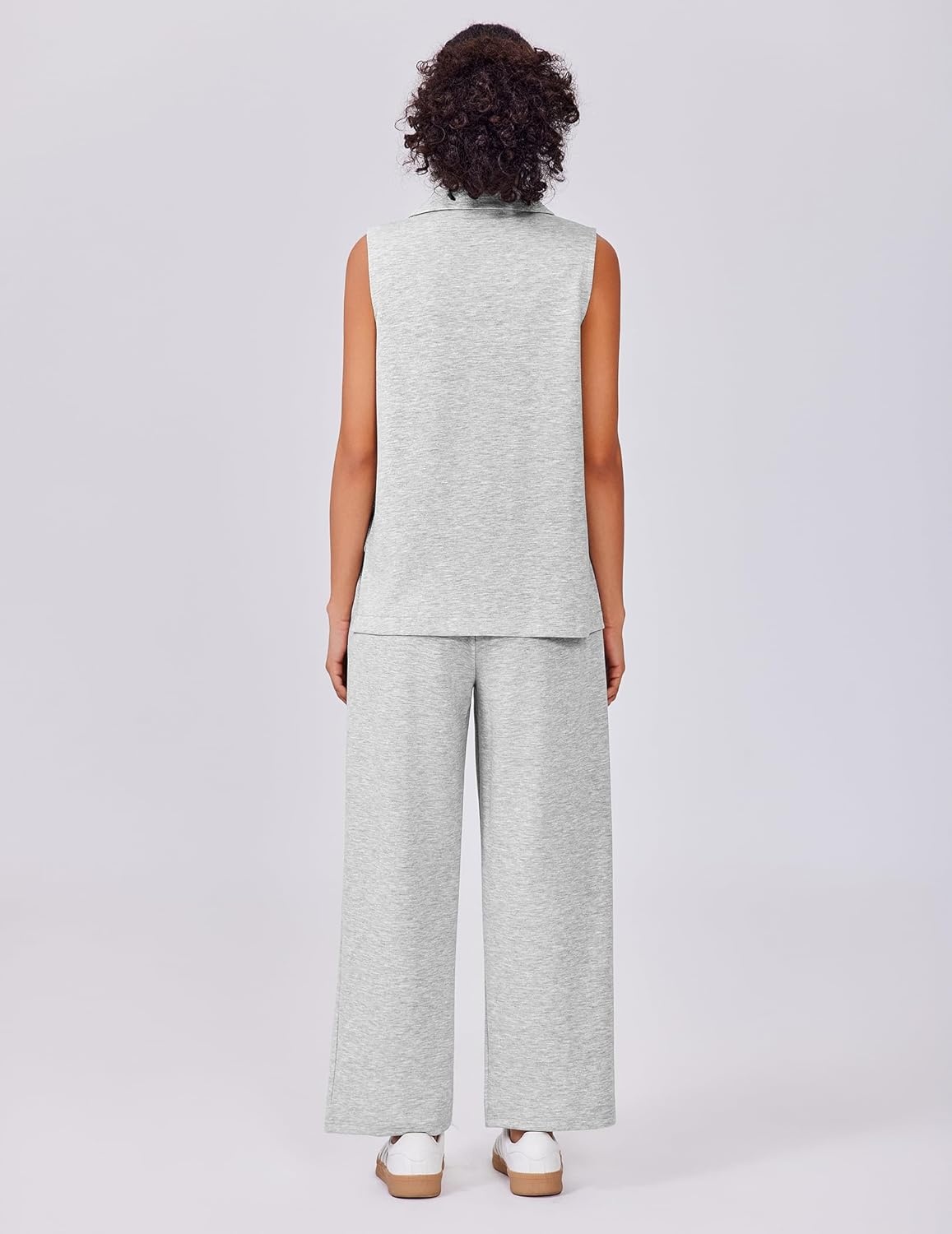 image:imagePINSPARK 2 Piece Sets for Women Sleeveless Matching Lounge Sets V Neck Tops Wide Leg Crop Pants Summer Travel Outfits 2026Light Grey