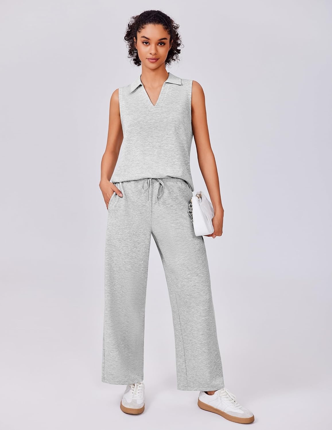 image:imagePINSPARK 2 Piece Sets for Women Sleeveless Matching Lounge Sets V Neck Tops Wide Leg Crop Pants Summer Travel Outfits 2026Light Grey