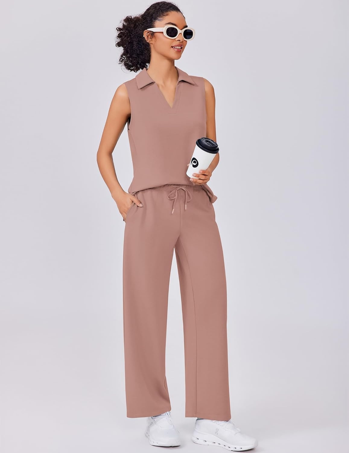 image:imagePINSPARK 2 Piece Sets for Women Sleeveless Matching Lounge Sets V Neck Tops Wide Leg Crop Pants Summer Travel Outfits 2026Pink