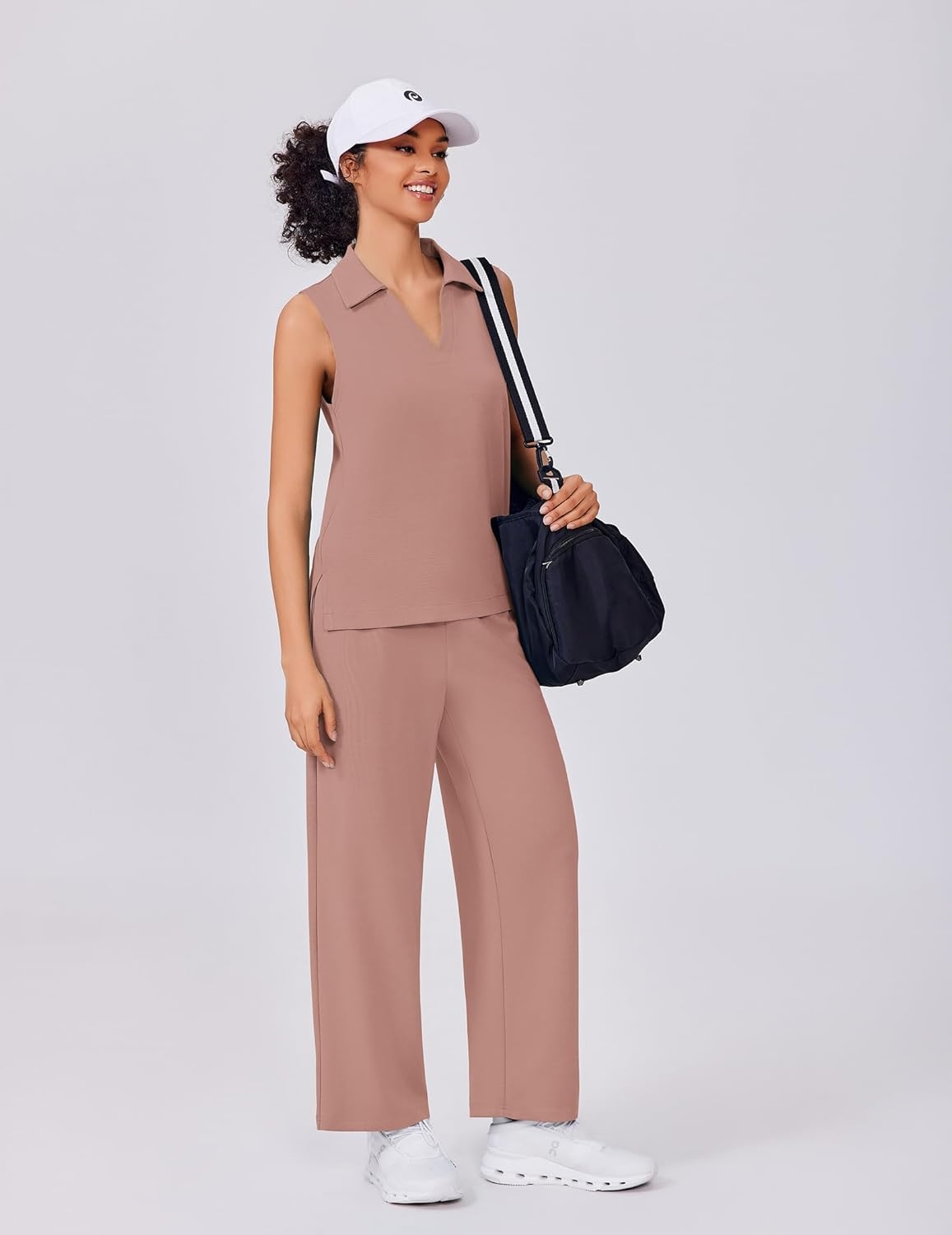 image:imagePINSPARK 2 Piece Sets for Women Sleeveless Matching Lounge Sets V Neck Tops Wide Leg Crop Pants Summer Travel Outfits 2026Pink