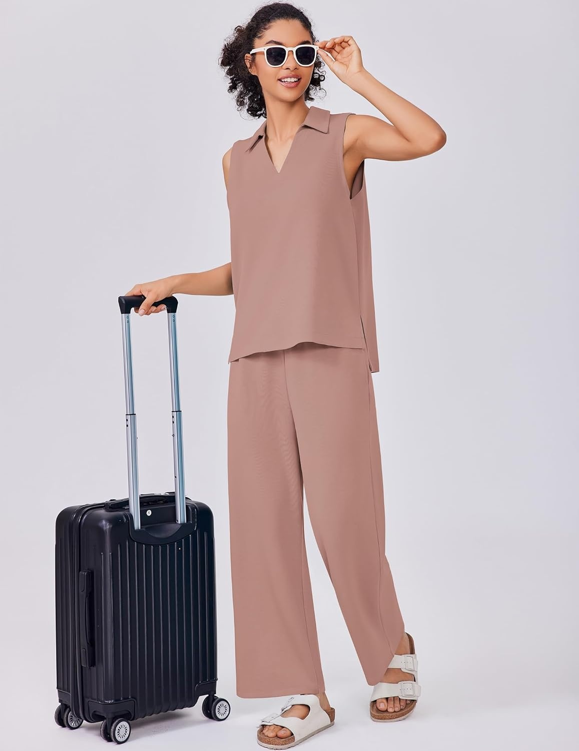 image:imagePINSPARK 2 Piece Sets for Women Sleeveless Matching Lounge Sets V Neck Tops Wide Leg Crop Pants Summer Travel Outfits 2026Pink