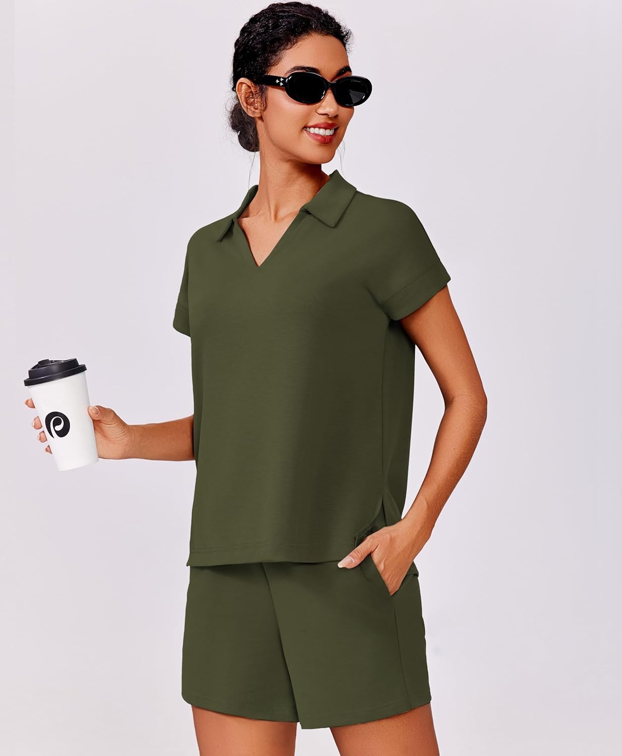 image:imagePINSPARK 2 Piece Sets for Women Summer Lounge Sets Short Sleeve Sweatsuit Vneck Tops and Drawstring Shorts Outfits TracksuitArmy Green
